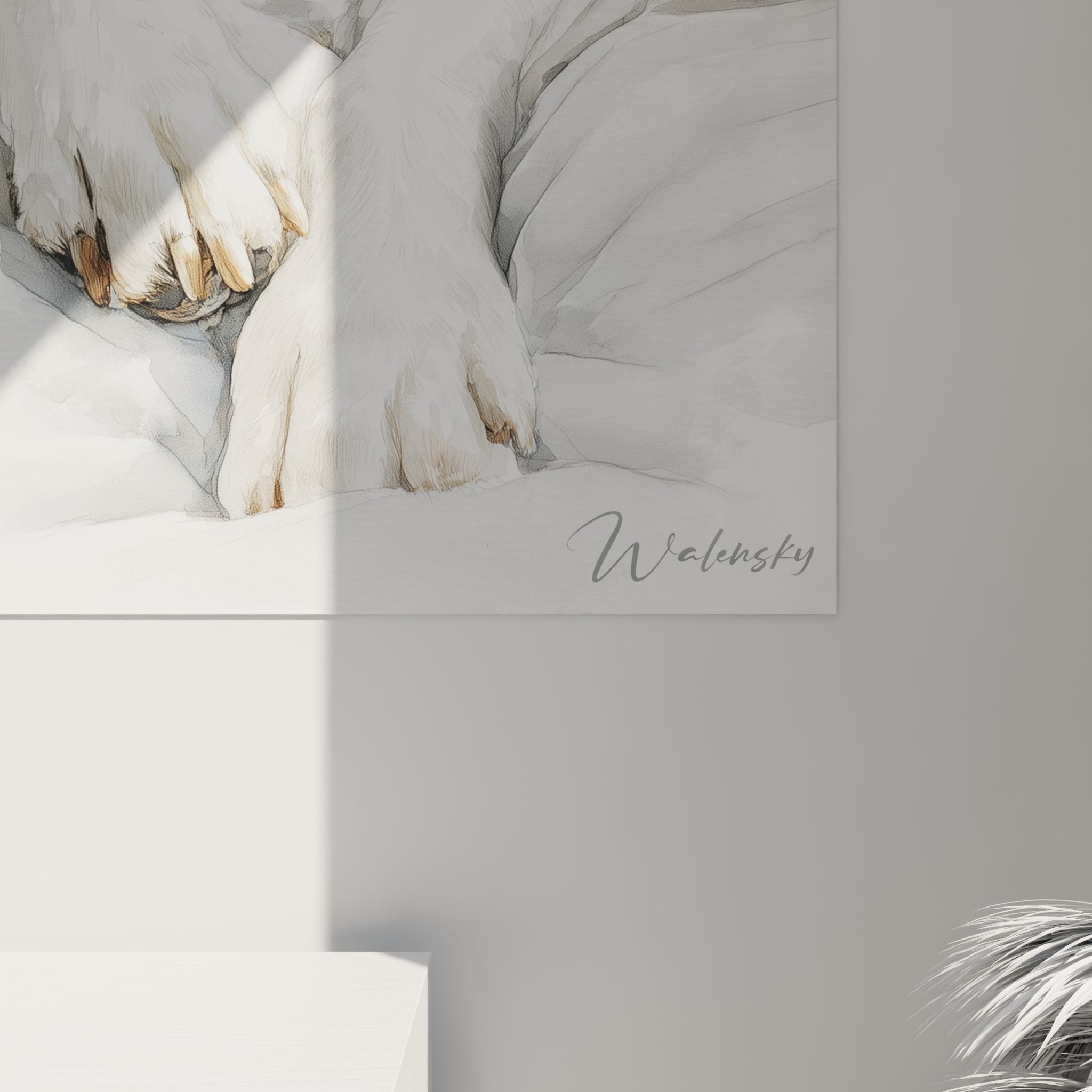 Gesamtansicht Beagle-Kunstwerk auf weißem Leinen, leuchtende Komposition Wandkunst