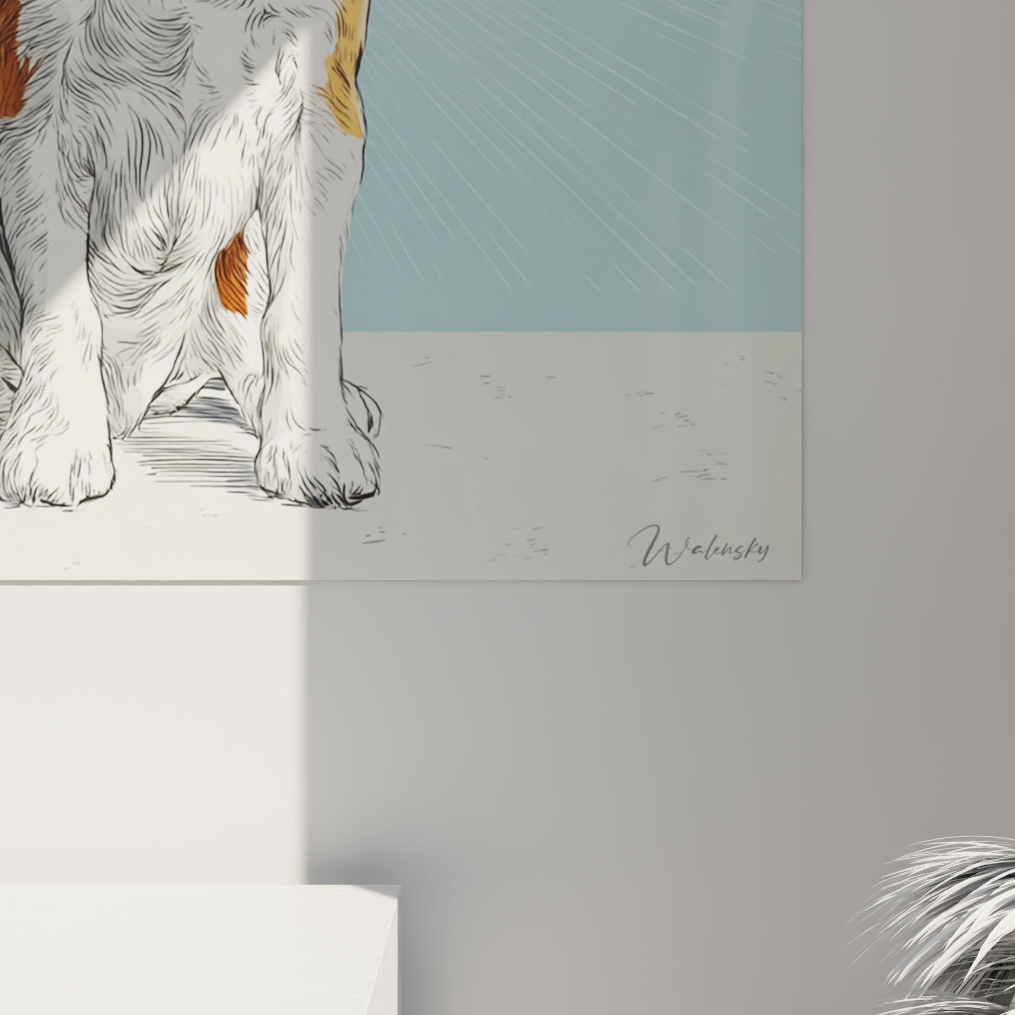 Gesamtansicht Beagle-Kunstdruck dreifarbig an der Wohnzimmerwand, zeitgenössische Inneneinrichtung