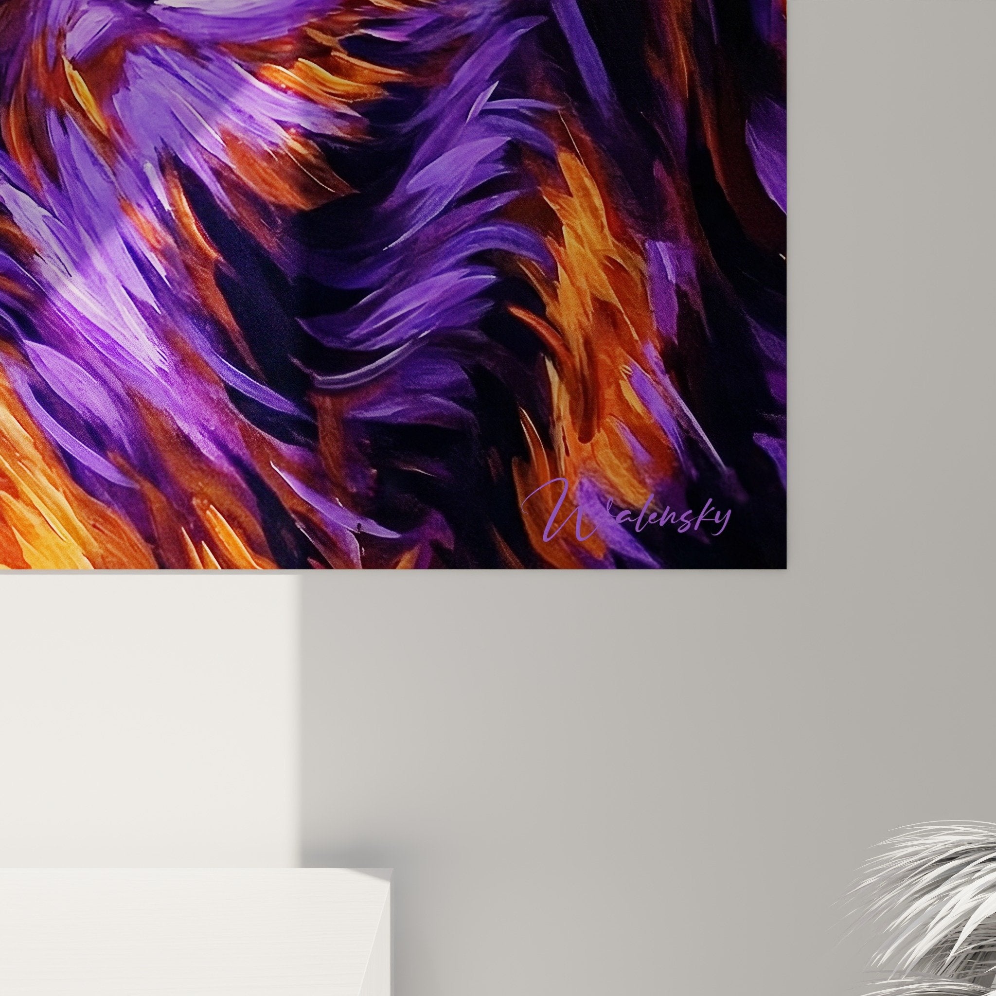 Gesamtansicht Porträt-Gemälde Beauceron in Violett und Orange, moderne Inneneinrichtung