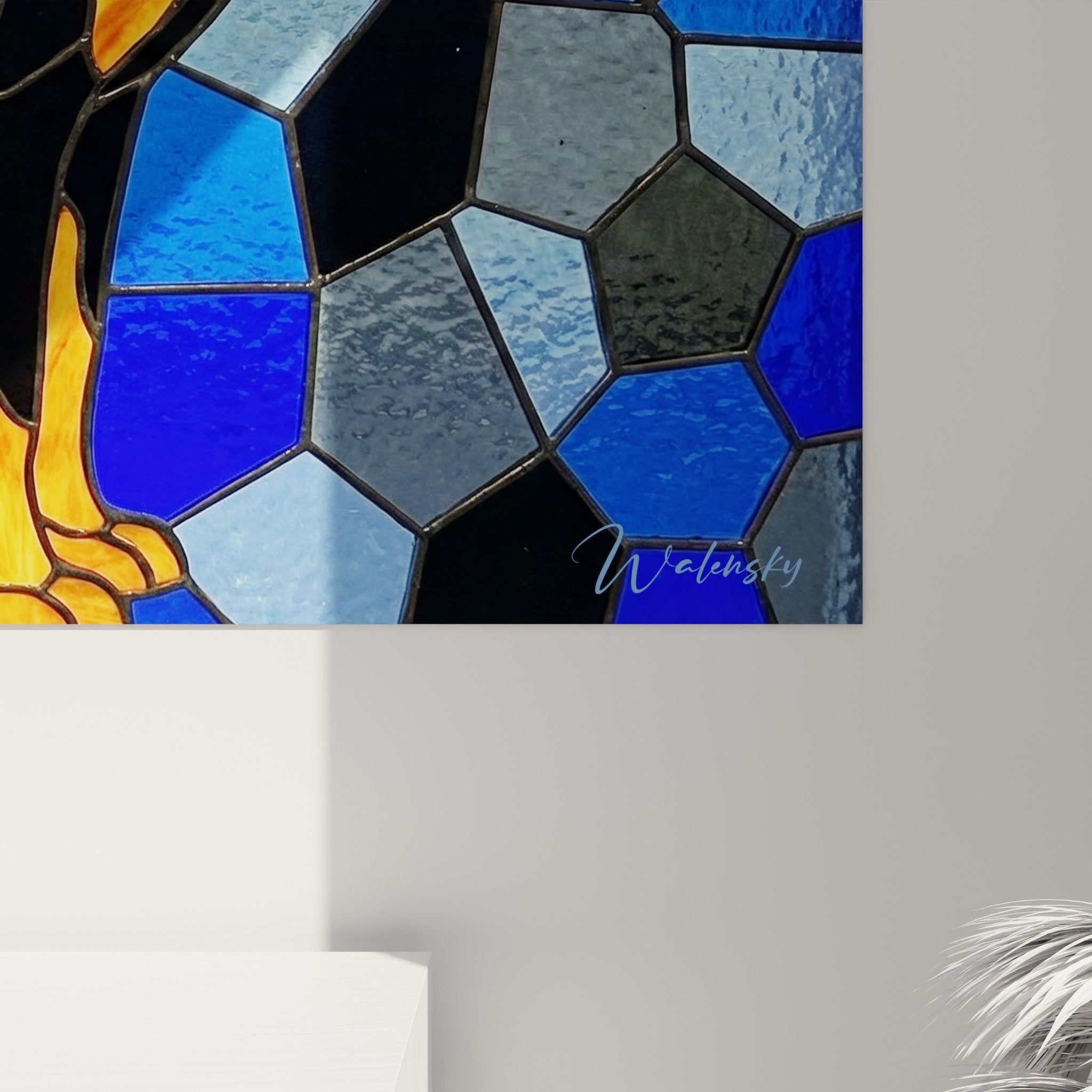 Vista complessiva quadro murale beauceron arte geometrica blu arancione decorazione interno moderno
