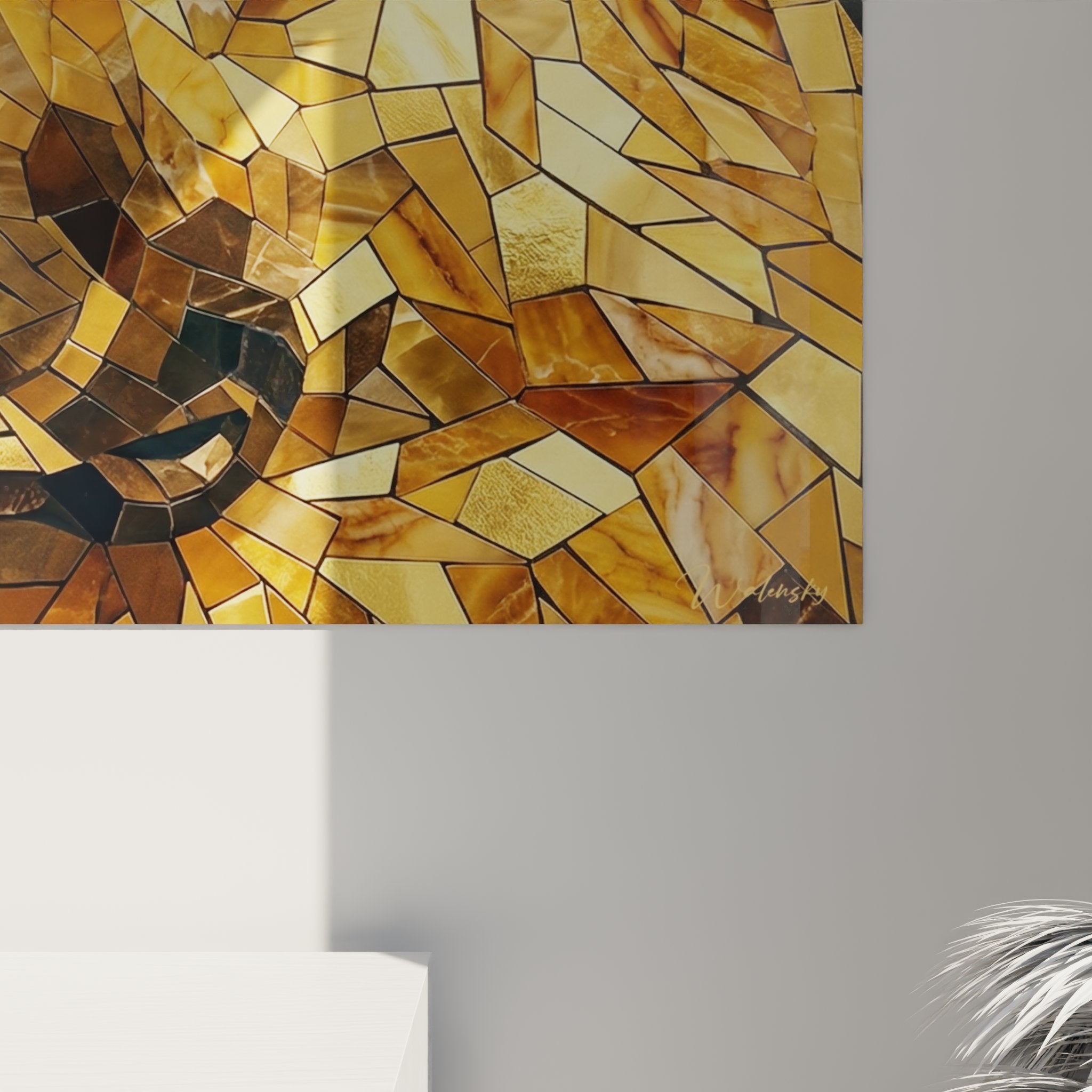 Vue ensemble tableau berger allemand mosaique doree art mural contemporain decoration interieur tons chauds