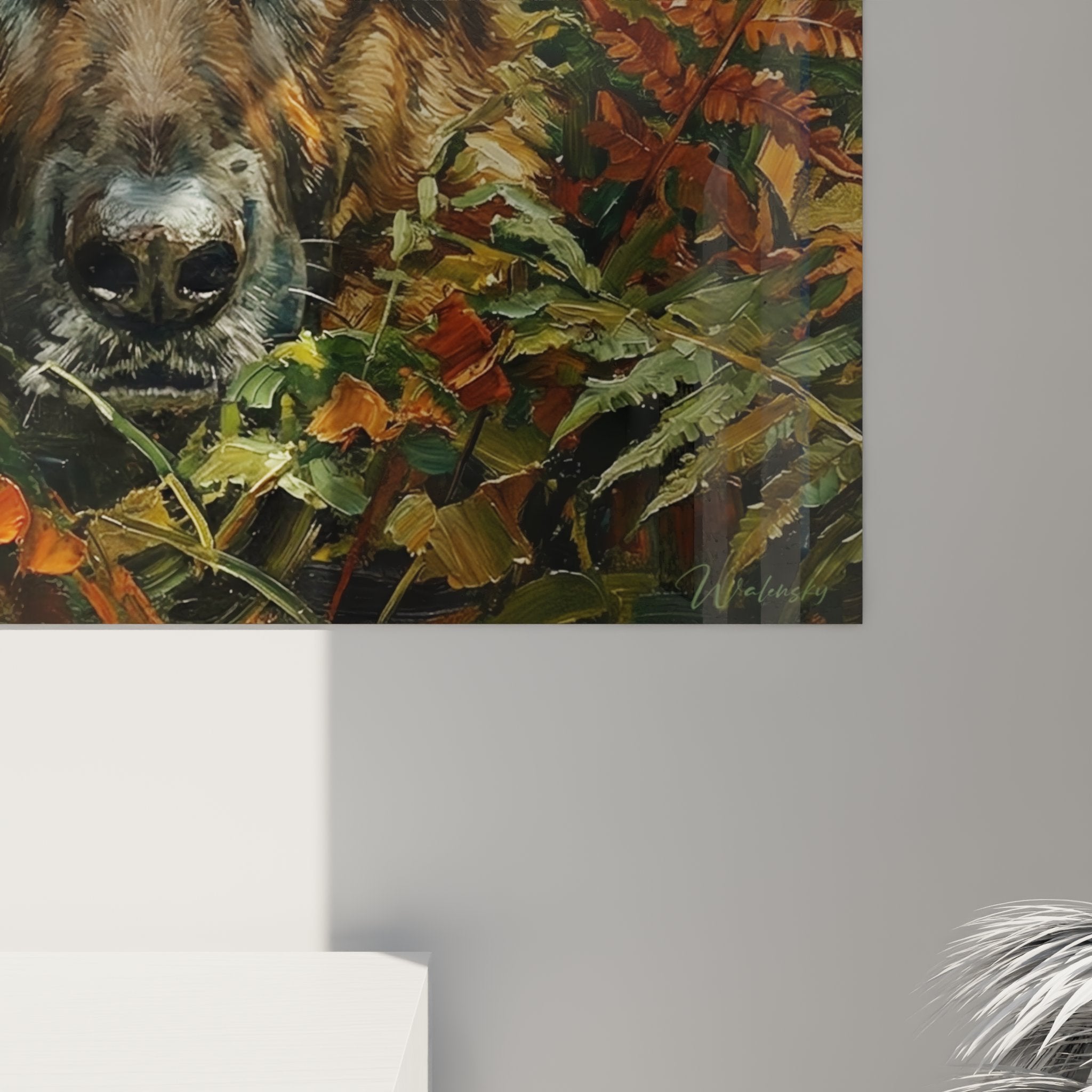 Vista d'insieme quadro pastore tedesco ritratto, decorazione murale animaliera stile naturale fogliame