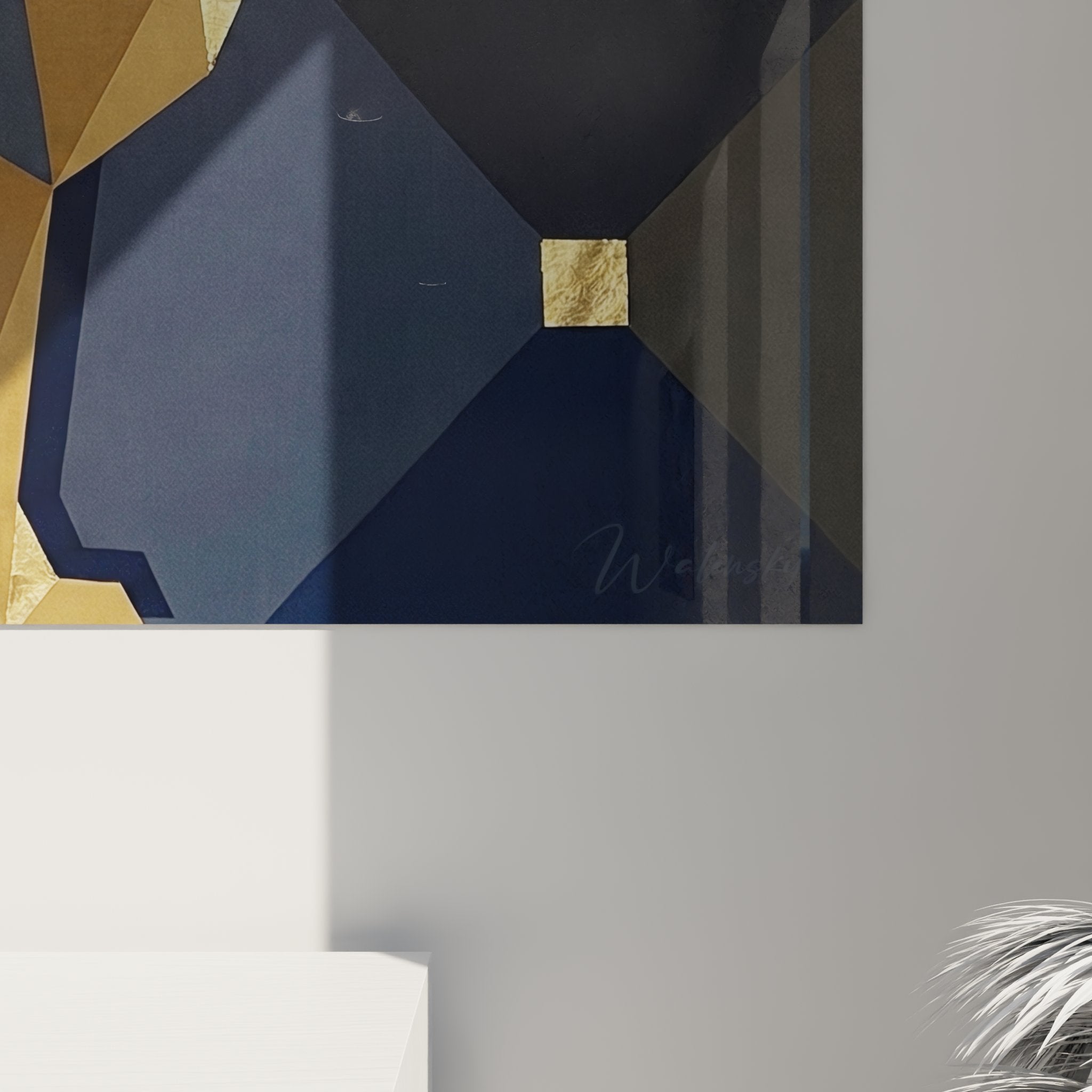 Vista d'insieme quadro pastore tedesco geometrico dorato blu decorazione murale moderna