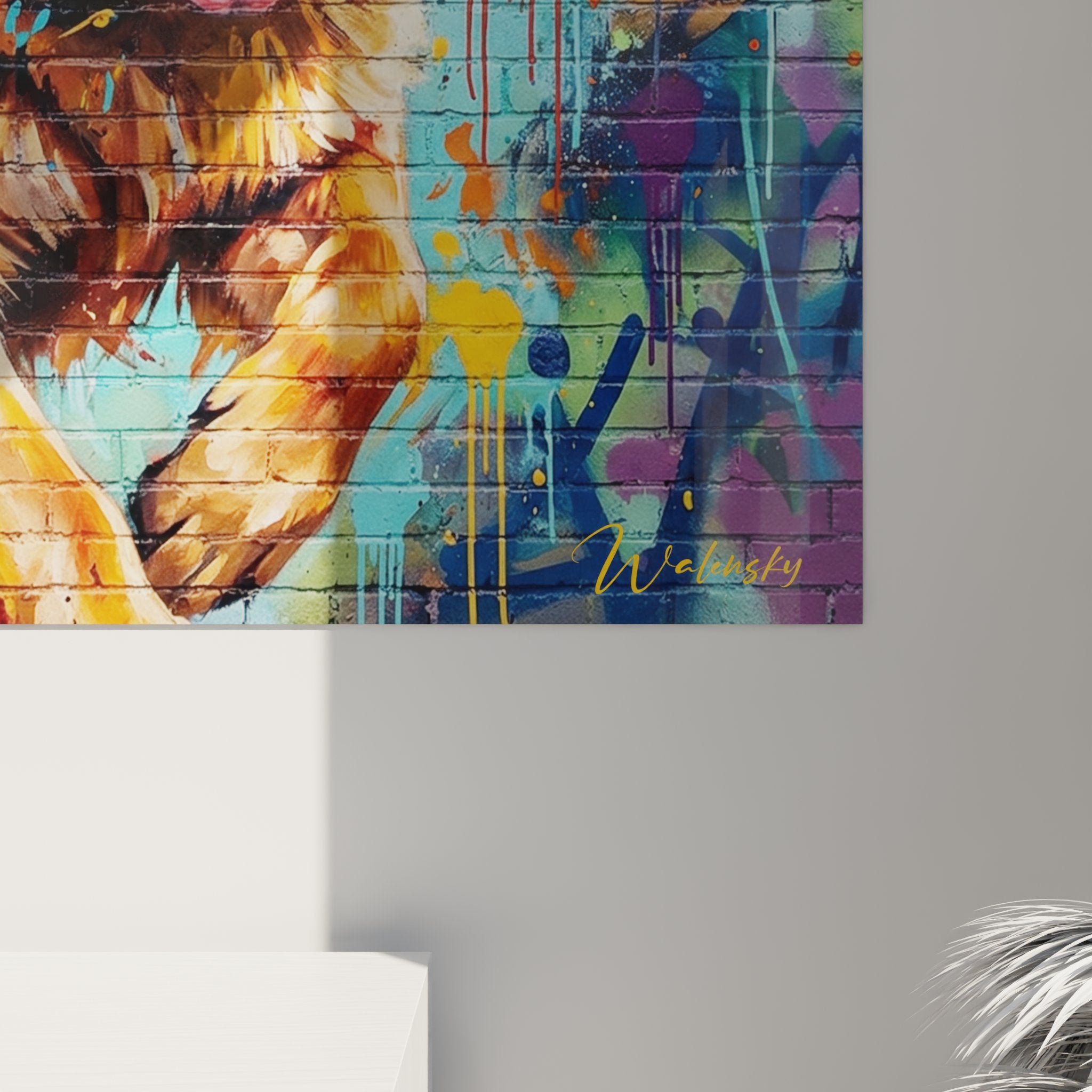 Gesamtansicht Deutschschäferhund-Gemälde im Graffiti-Stil mit lebendigen Farben Wanddekoration