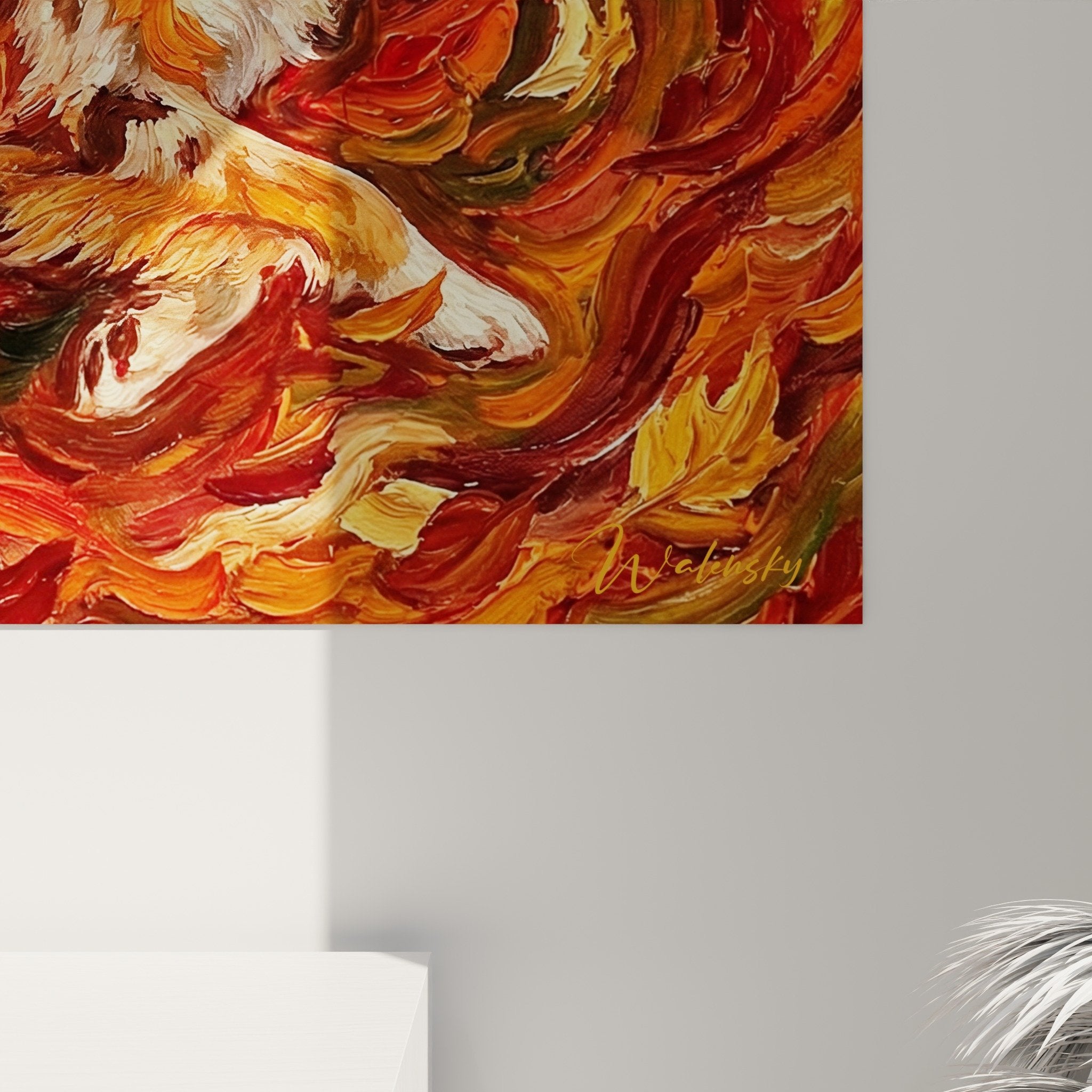 Vue ensemble tableau berger americain miniature tourbillon flammes decoration murale art contemporain rouge