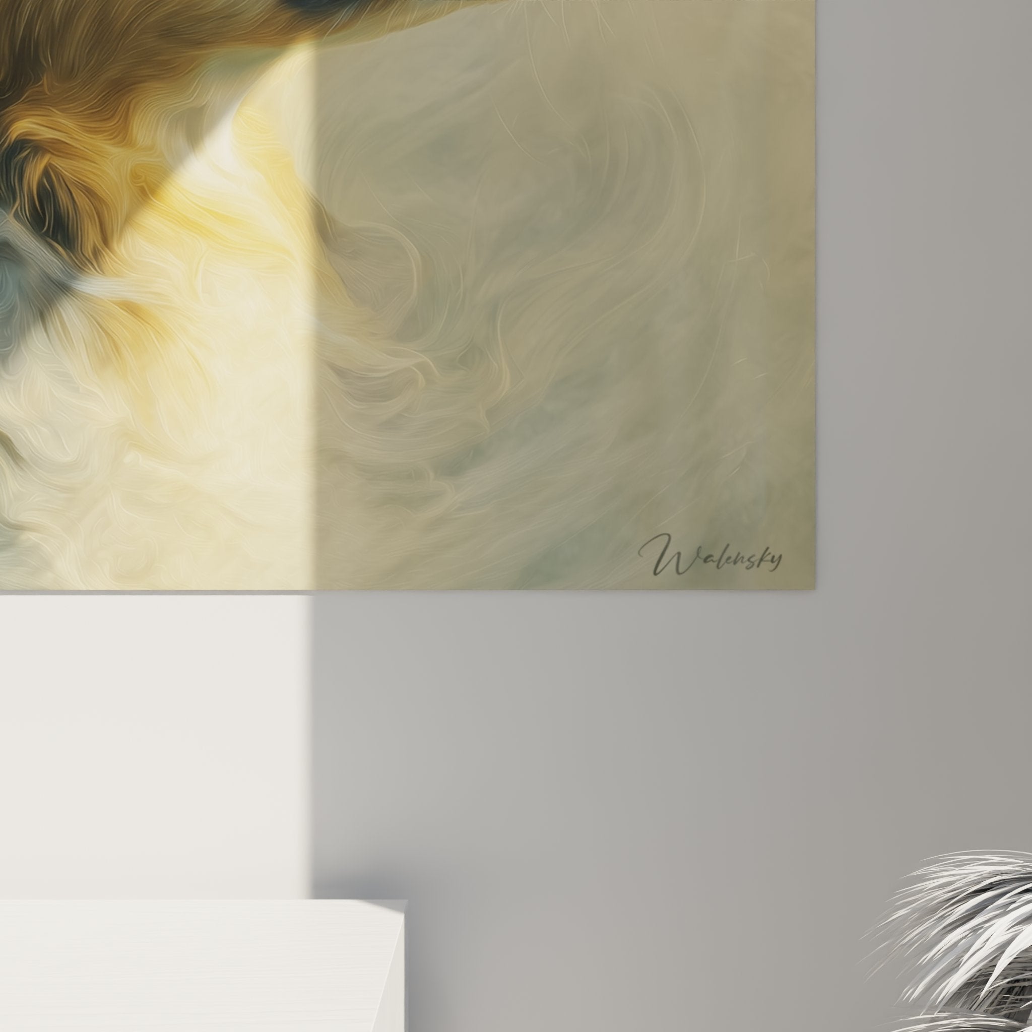 Gesamtansicht Australian Shepherd Gemälde Wanddekoration Hundeporträt modernes helles Wohnzimmer