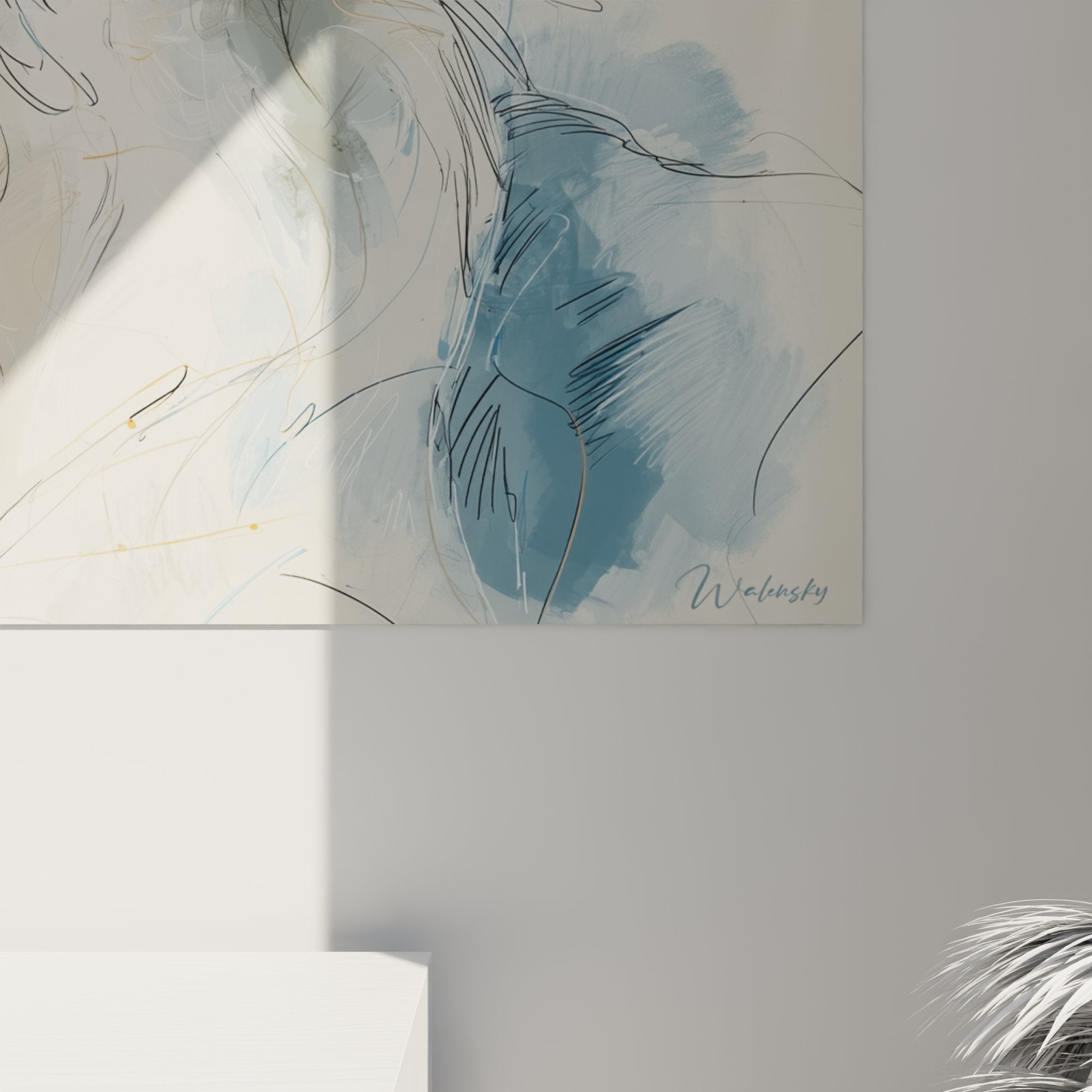 Vue ensemble tableau berger australien, portrait chien aquarelle, decoration interieur moderne