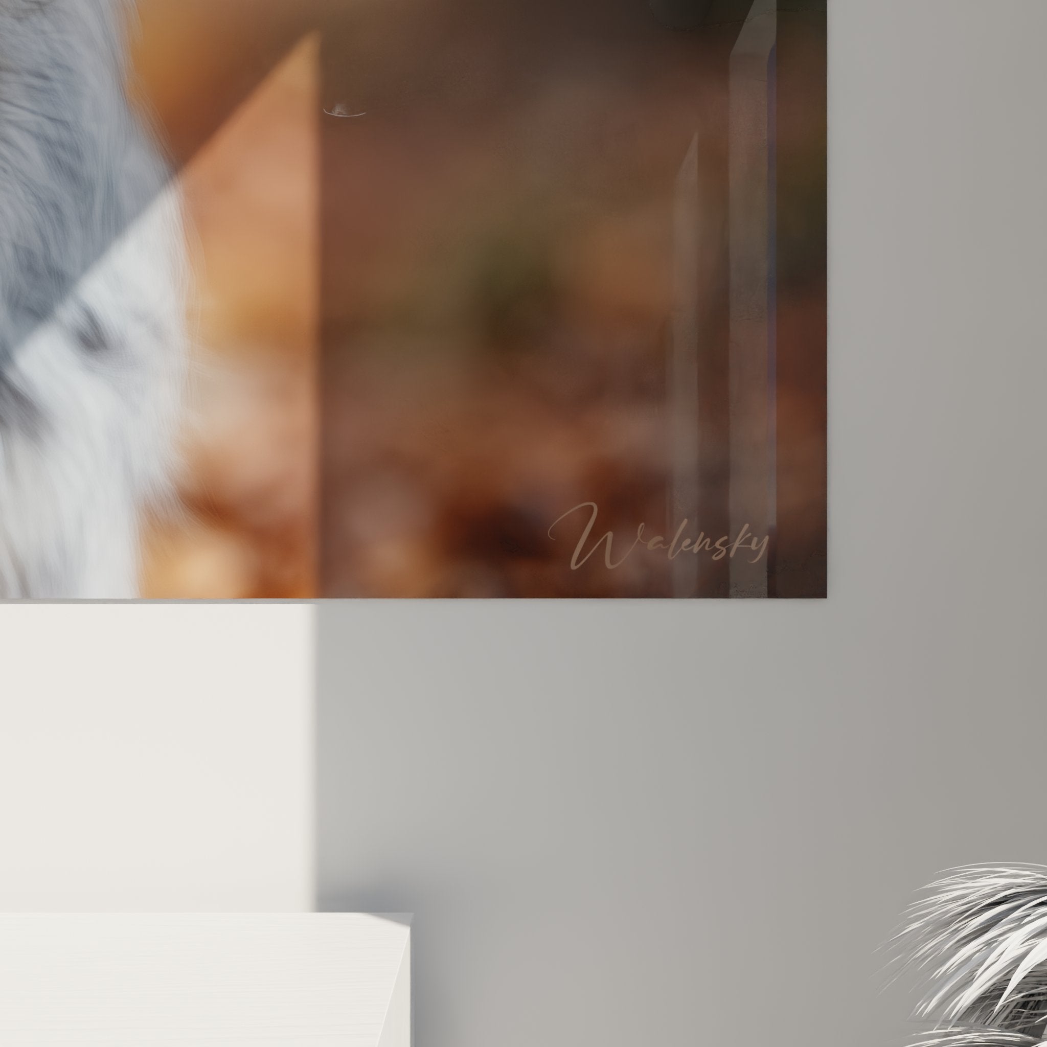 Gesamtansicht Gemälde Australian Shepherd Porträt Hundeaugen blau Innenausstattung Wand modernes Wohnzimmer