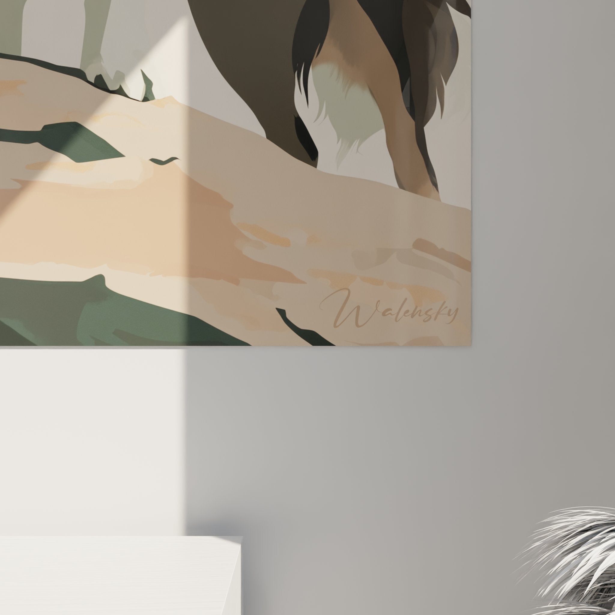 Vue ensemble tableau berger australien salon decoration murale portrait canin style moderne tons naturels