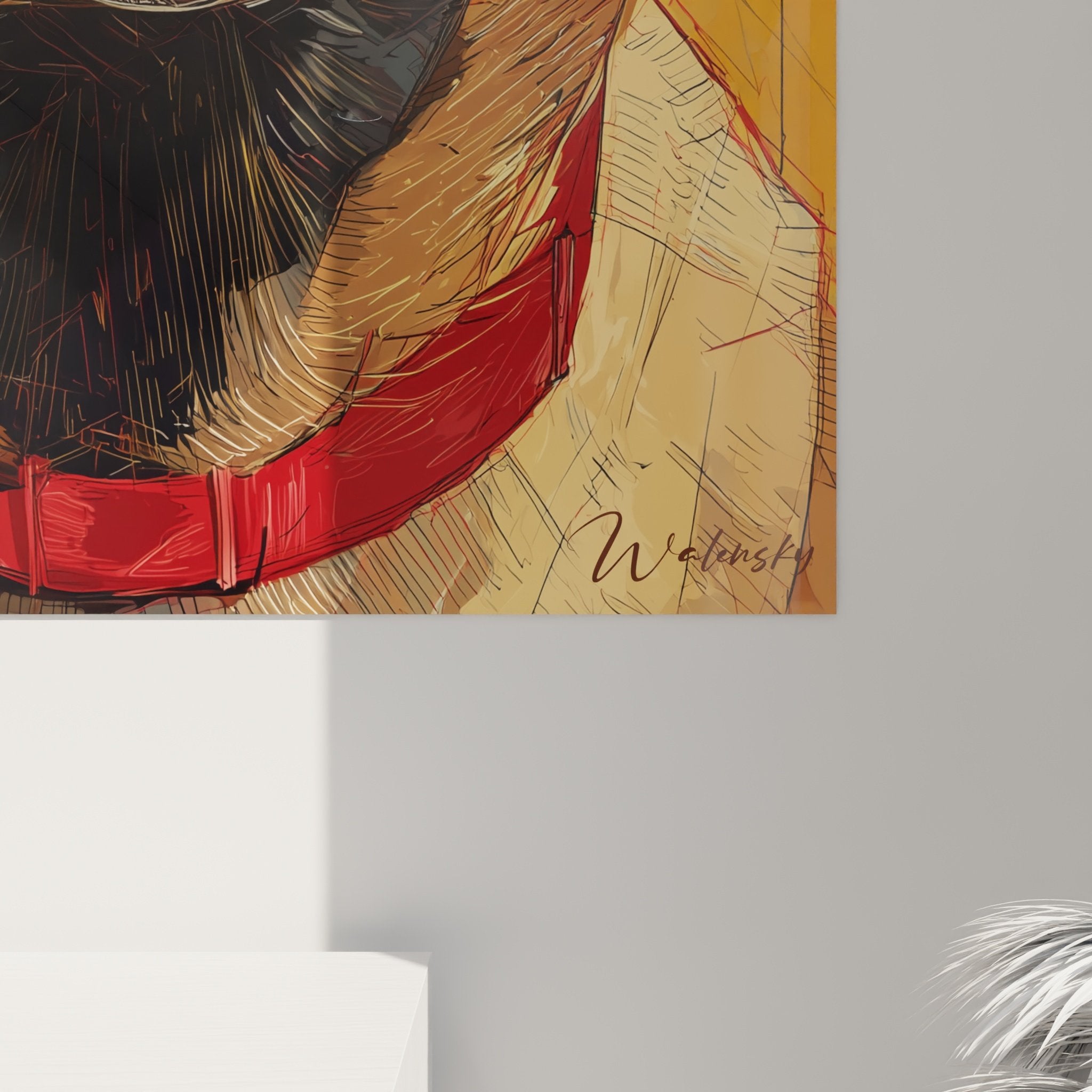 Vista d'insieme quadro pastore belga malinois decorazione interiore arte canina contemporanea