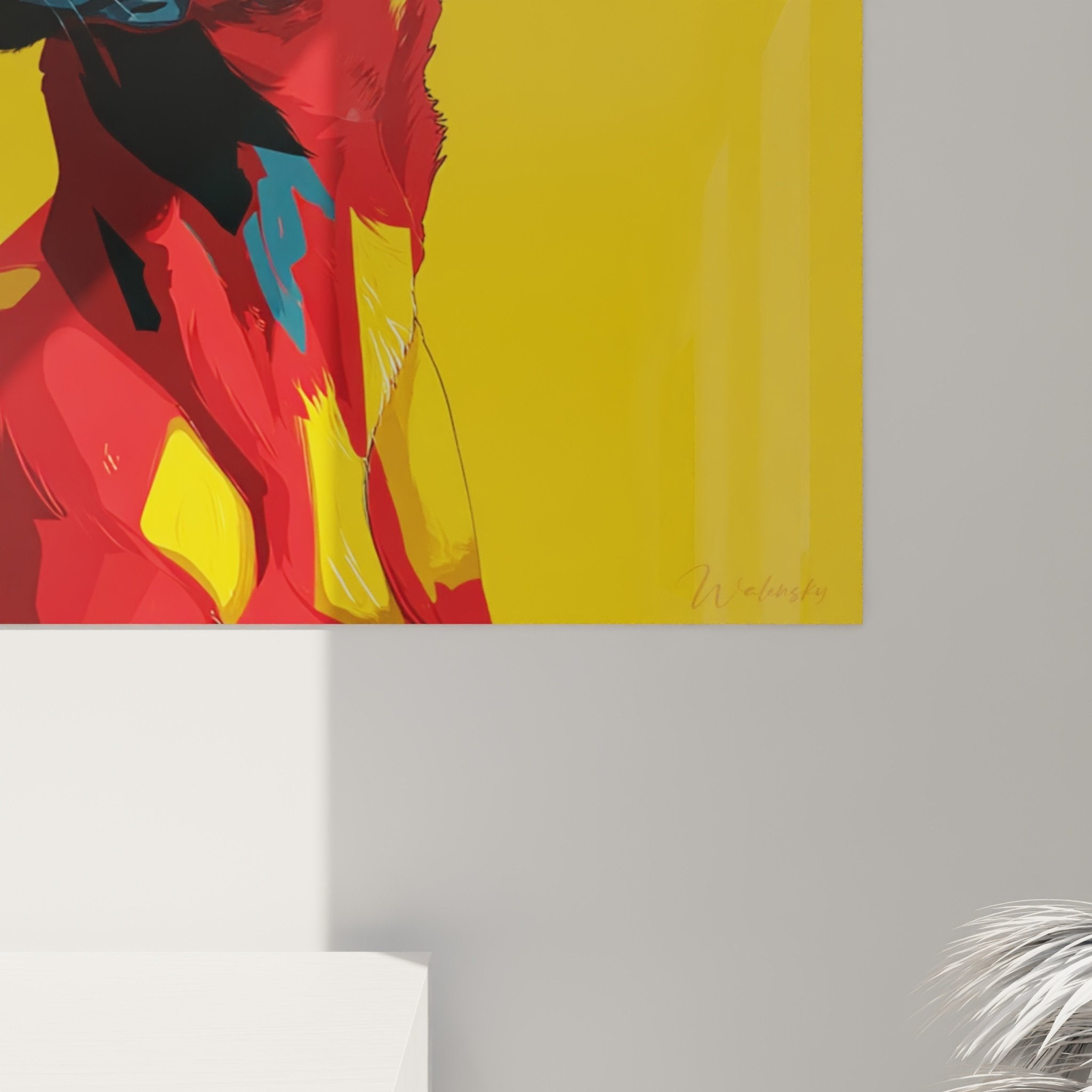 Gesamtansicht buntes Wandbild Belgischer Schäferhund Malinois integriert in moderner Wohnzimmer Dekoration zeitgenössische Hundekunst