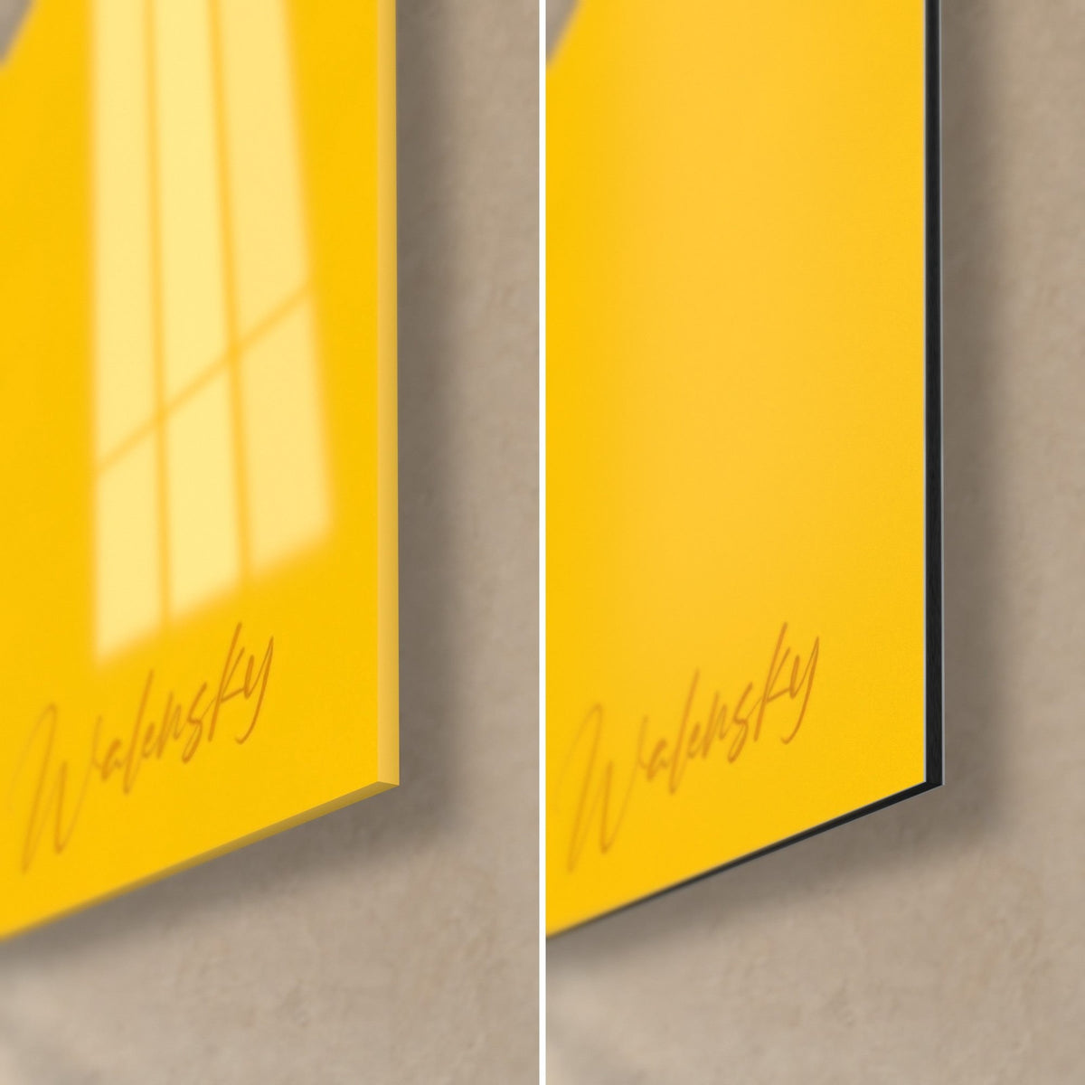 Schilderij pop-art hondenportret, rechtsonder: glanzend geel acrylglas en mat zwart Dibond, handtekening Walensky