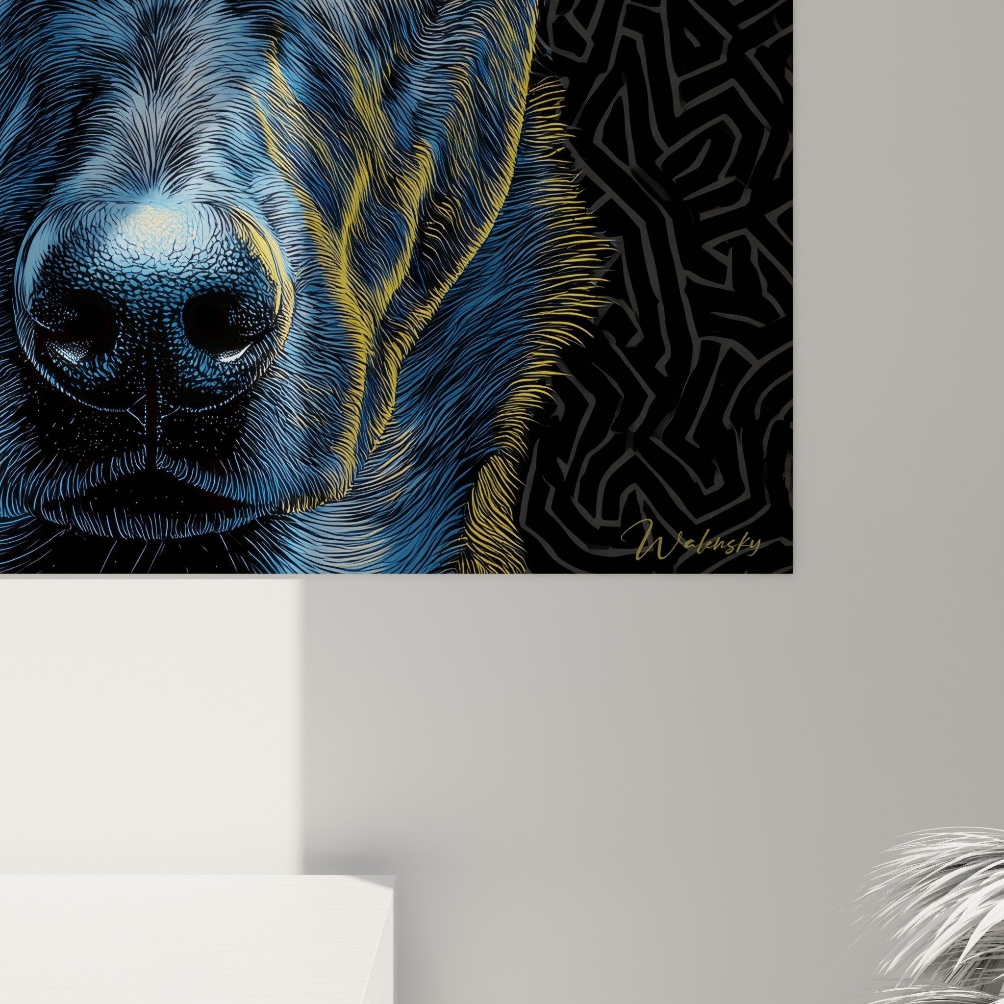 Vue ensemble tableau mural Berger Hollandais art contemporain bleu jaune décoration intérieur moderne