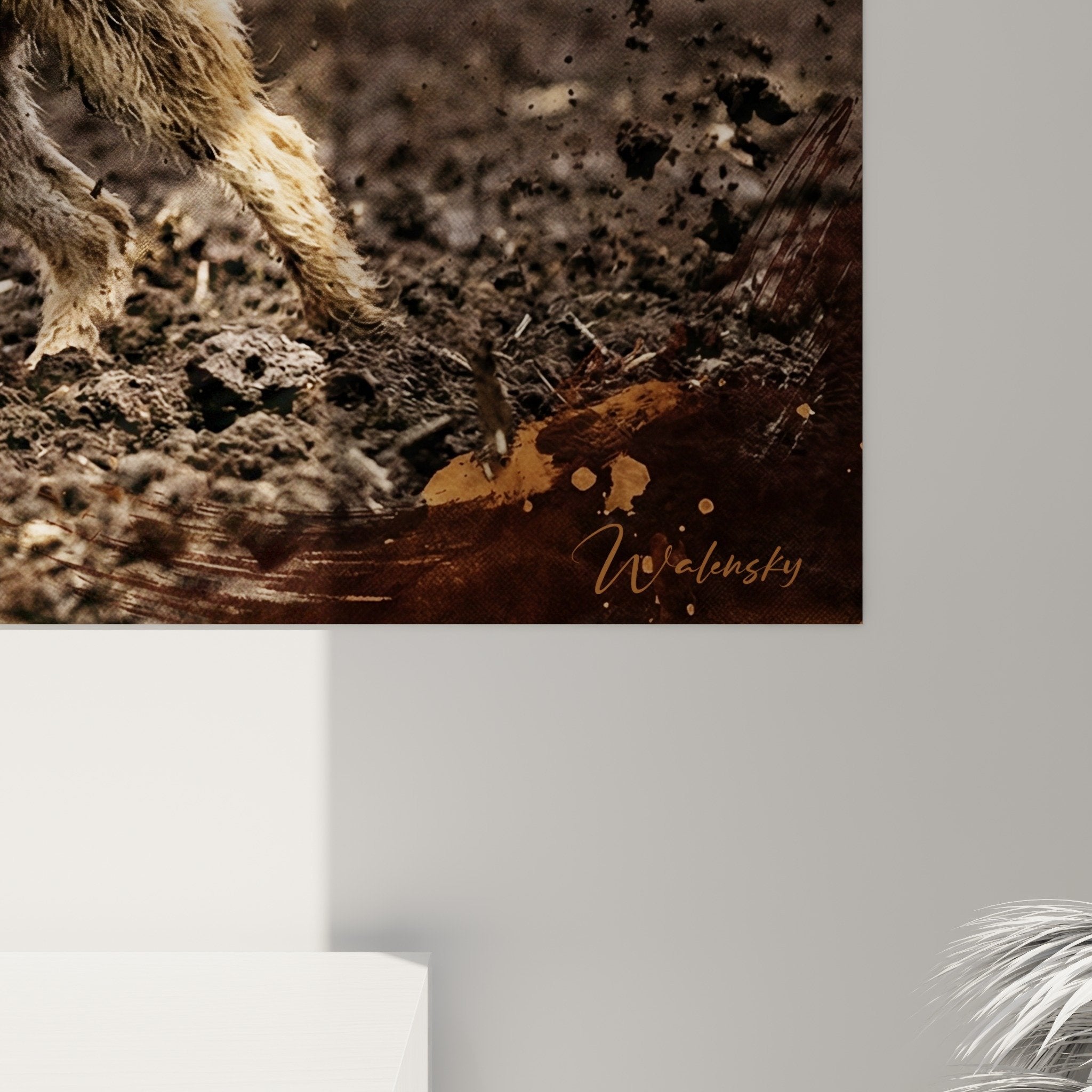 Overall view Berger Picard shepherd running jumping action wall art contemporary decoration