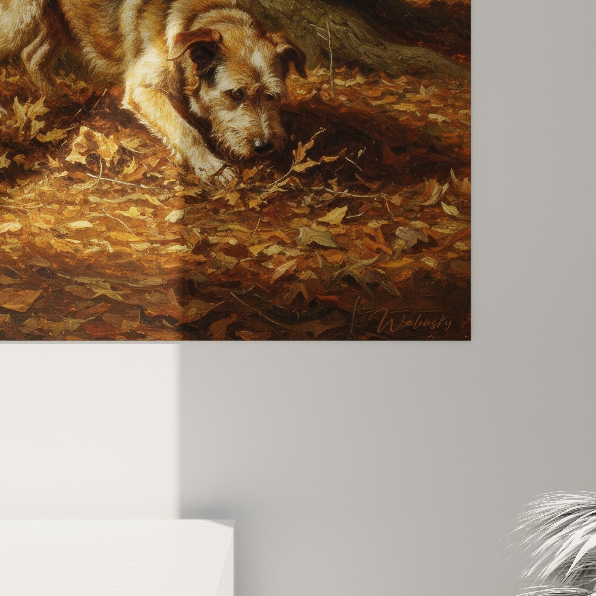 Vue ensemble tableau Berger Picard foret automnale decoration salon nature chien art mural chaleureux