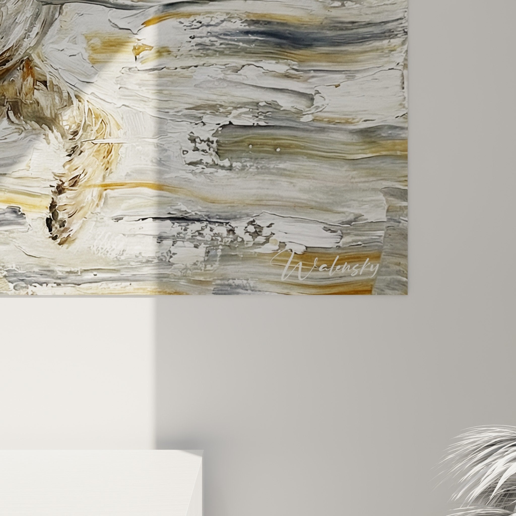 Overall view of Bearded Collie running wall art in impressionist style with natural tones