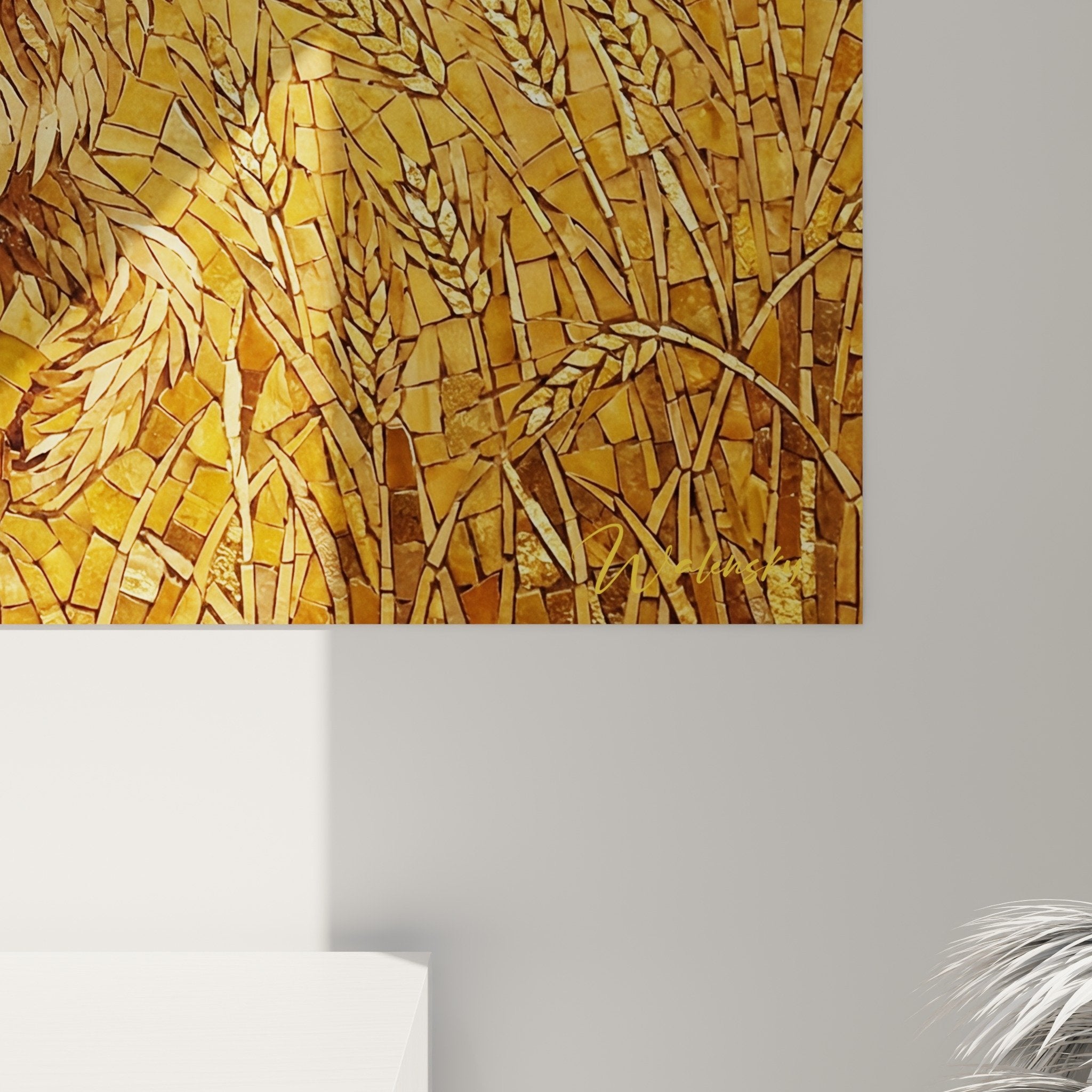 Vue d'ensemble du tableau mosaique Berger Picard dans les bles, art canin aux nuances d'or et ocre