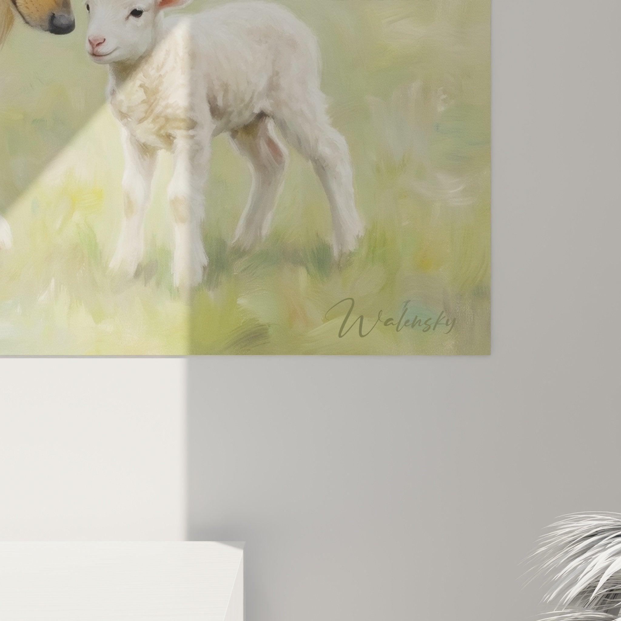 Vue ensemble tableau collie berger dans prairie verdoyante troupeau moutons arriere plan pastoral