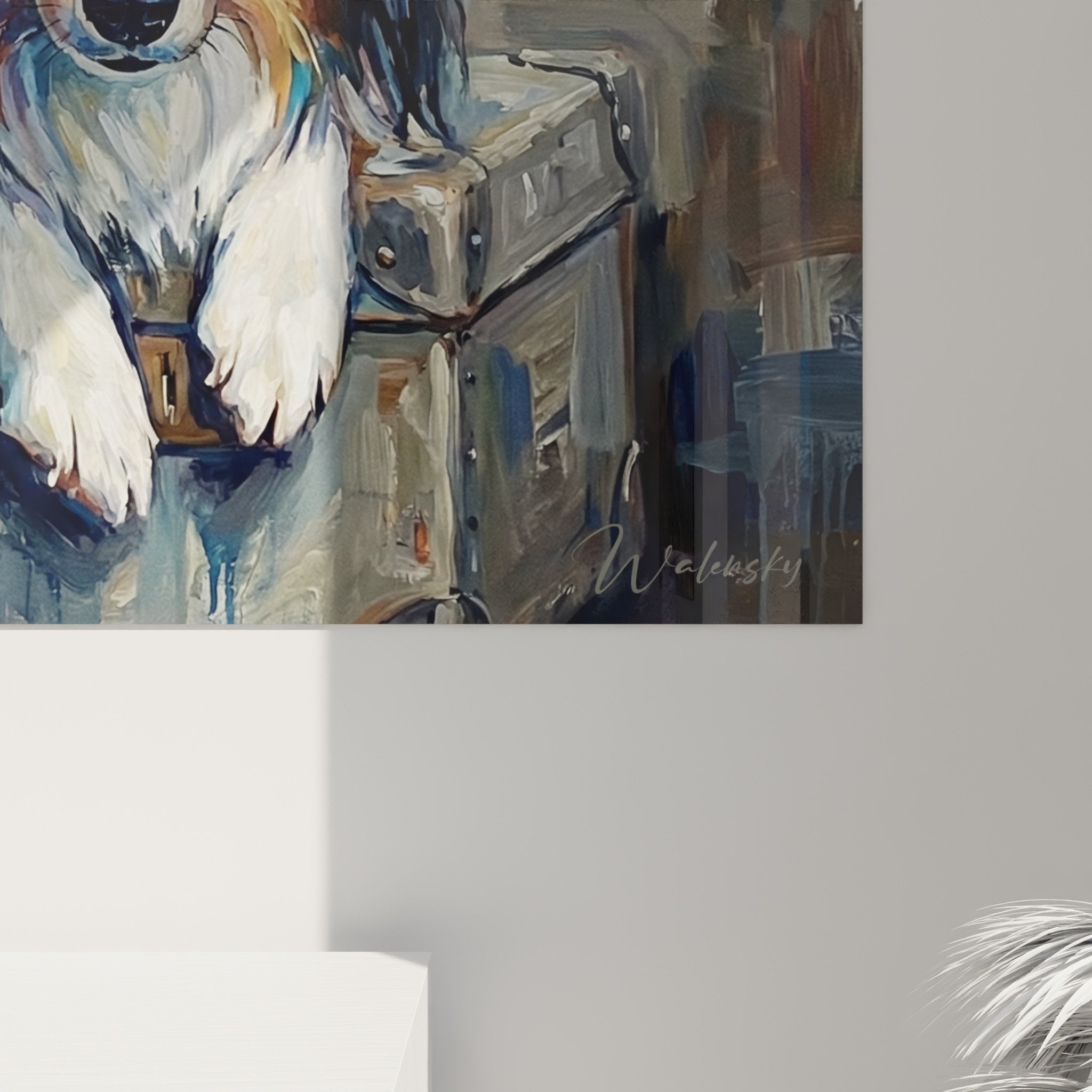 Vue ensemble tableau berger shetland valises vintage decoration interieur moderne