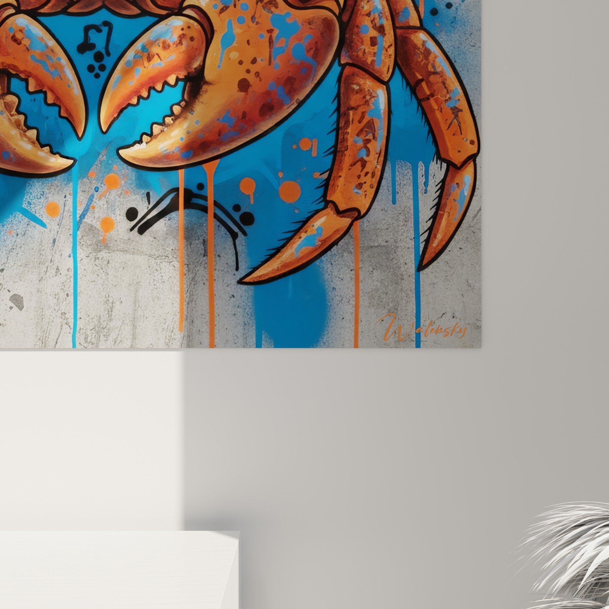 vue ensemble tableau bernard-l'hermite graffiti orange bleu fond gris beton art urbain mural