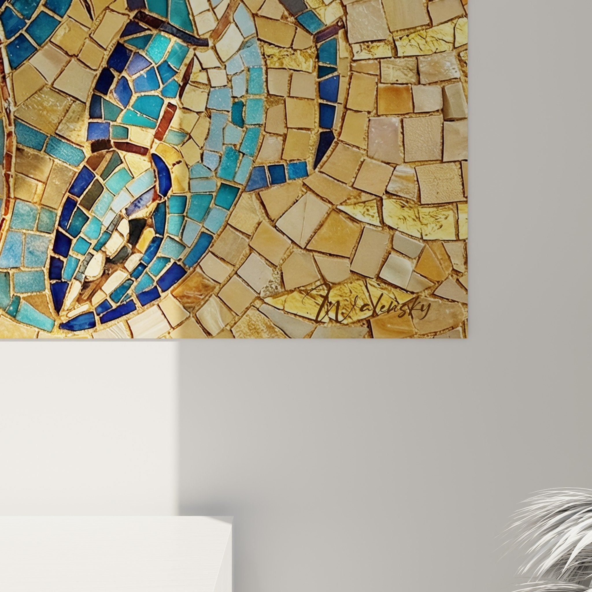 Gesamtansicht Mosaik-Kunstdruck Einsiedlerkrebs Inneneinrichtung Dekor Blau Türkis Gold Marinestil