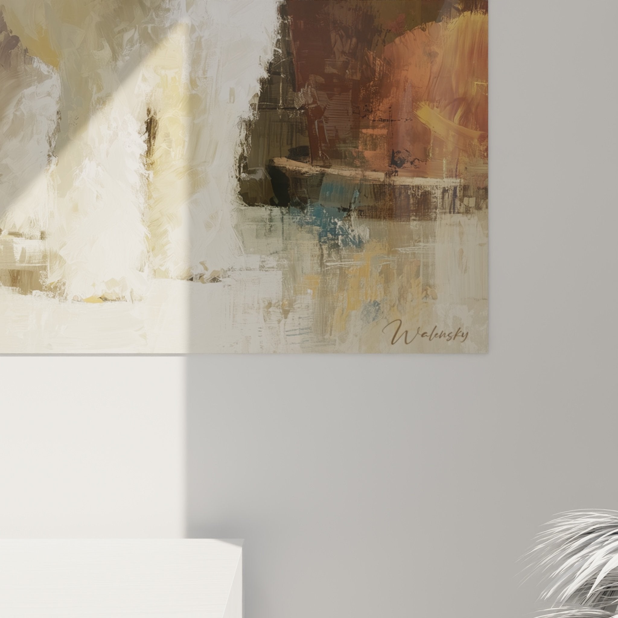 Vue ensemble tableau Bichon Frise blanc fond abstrait coloré composition artistique pot plante