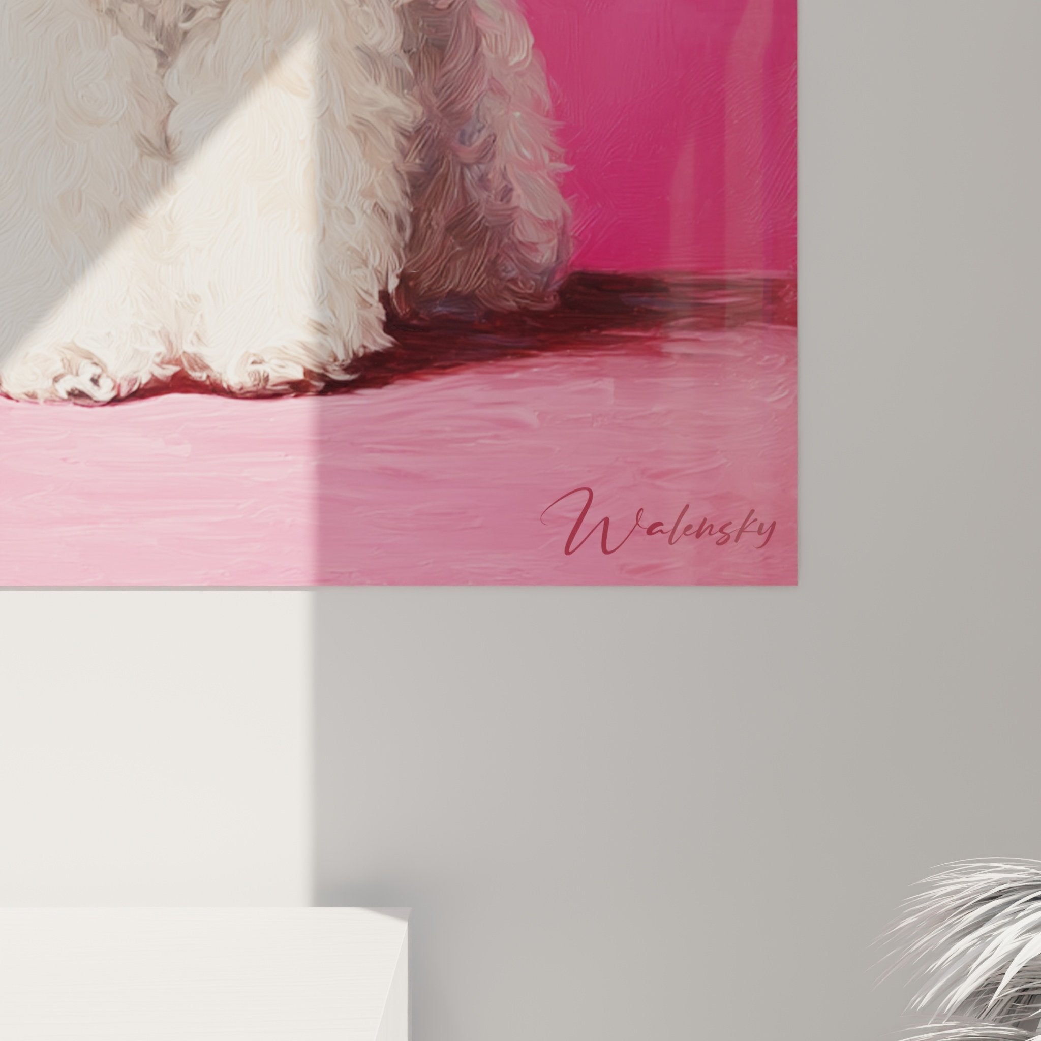tableau mural bichon frise blanc fond rose perspective 3d decoration interieur