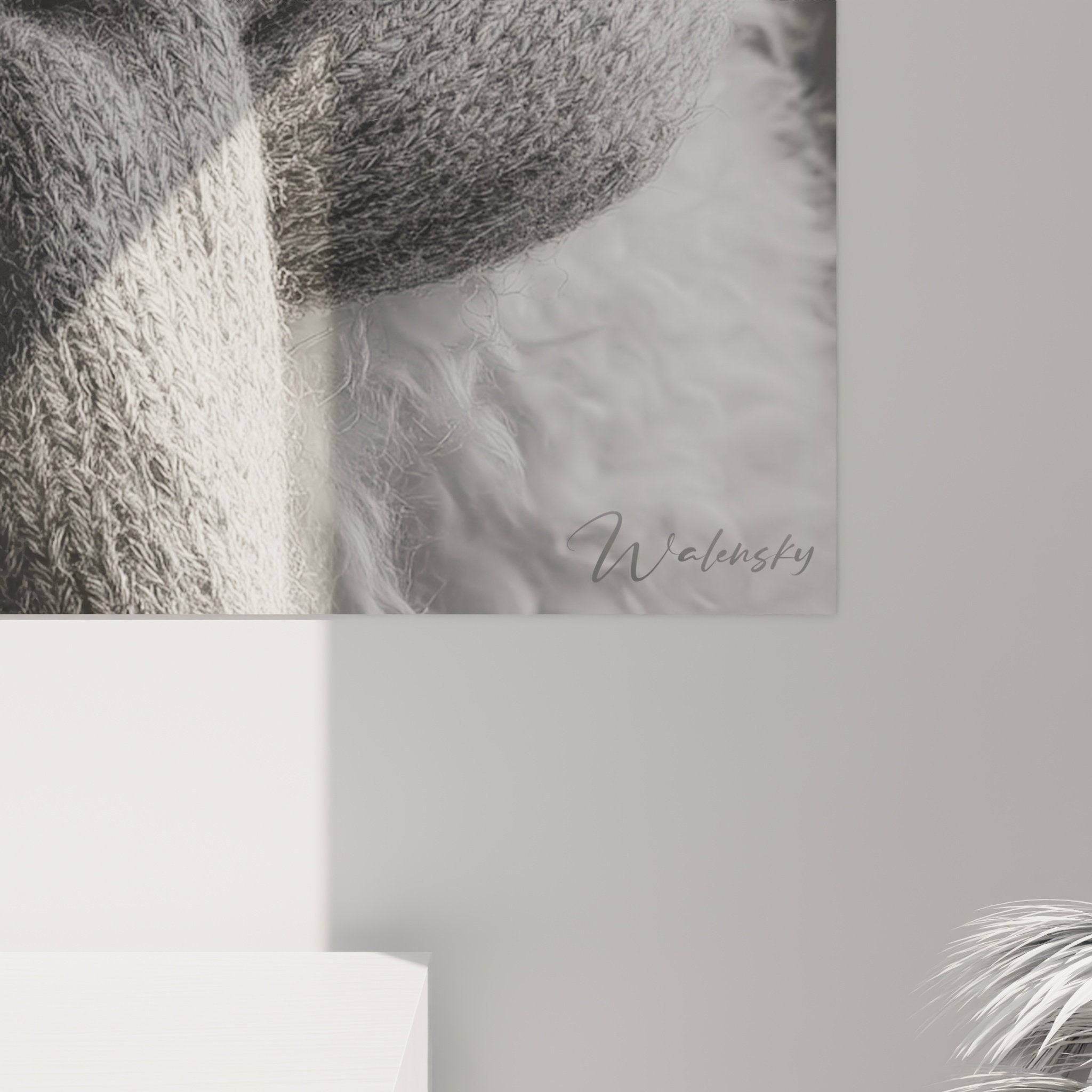 Vue ensemble tableau bichon frise pull tricote noir blanc decoration interieur style contemporain