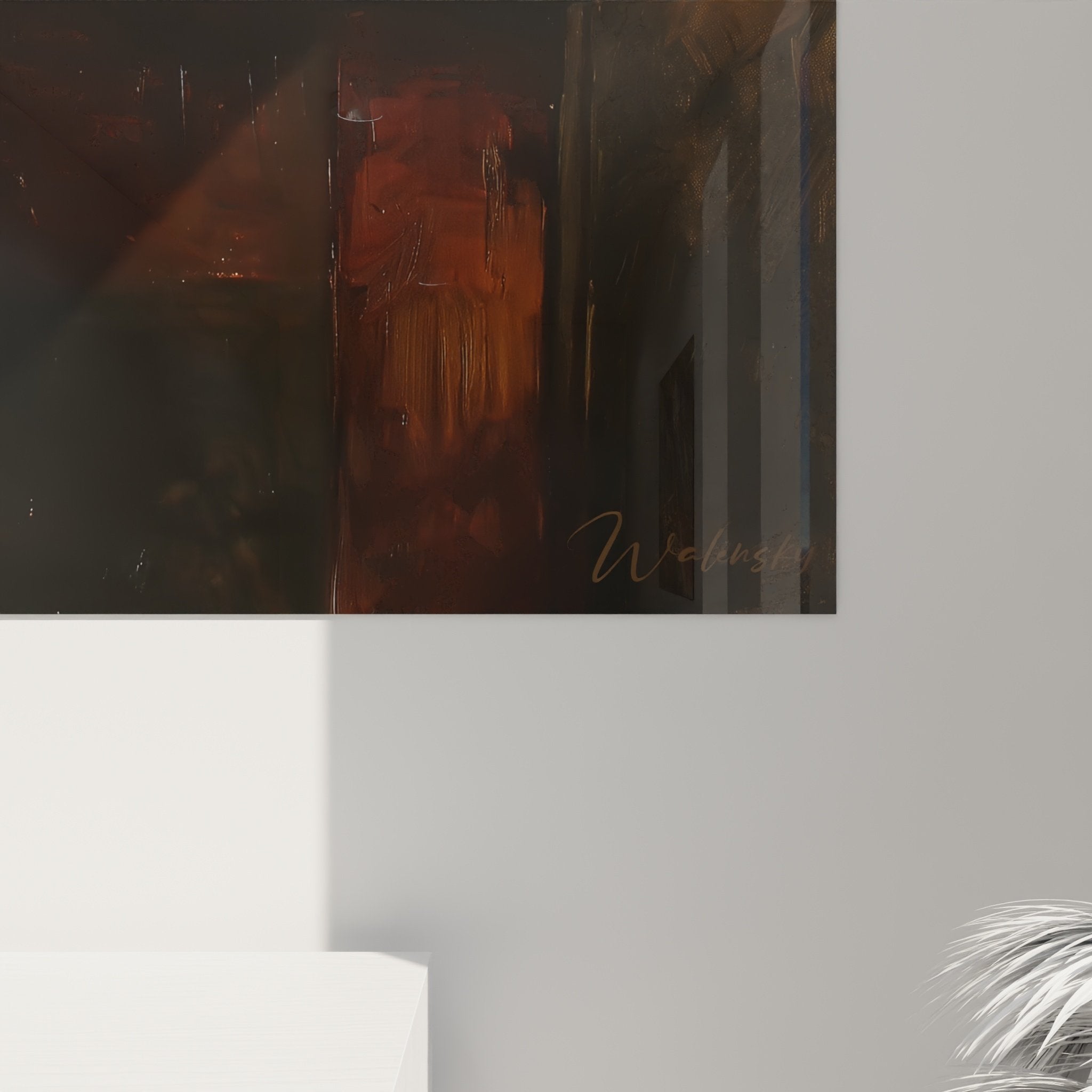 Gesamtansicht Wandbild Bichon Frise idyllische Szene goldene Töne Blumenvase künstlerische Komposition