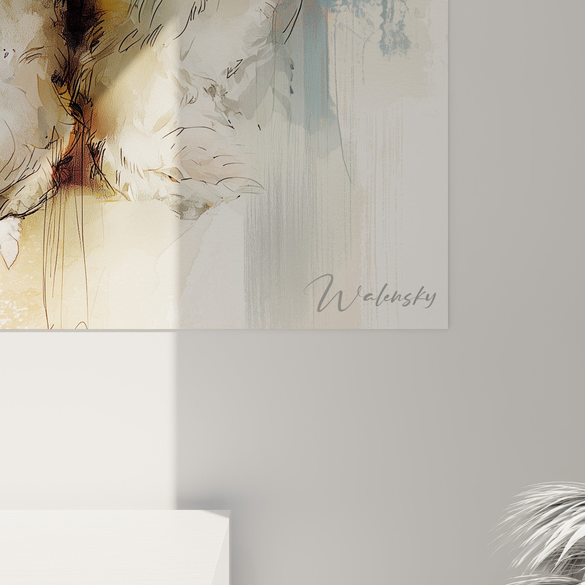 Vue ensemble tableau Bichon Havanais aquarelle cadre moderne decoration interieure style contemporain palette bleu dore