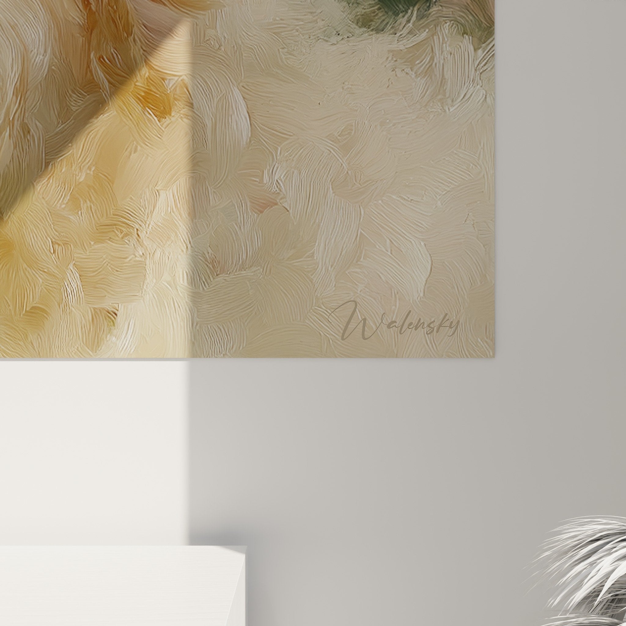 Vue ensemble tableau Bichon Havanais jardin roses composition florale art animalier decoration interieur