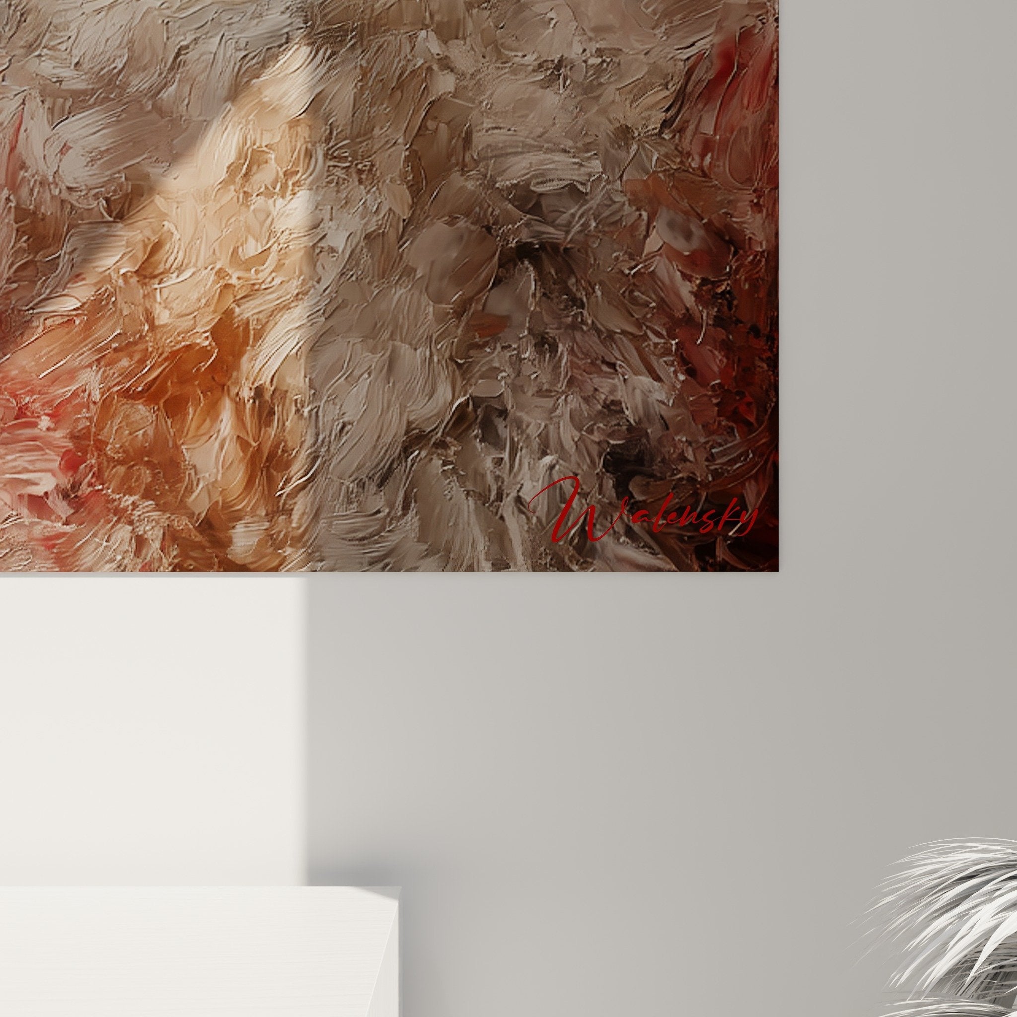 Vue ensemble tableau Bichon Havanais portrait artistique decoration interieure fond rouge contraste moderne