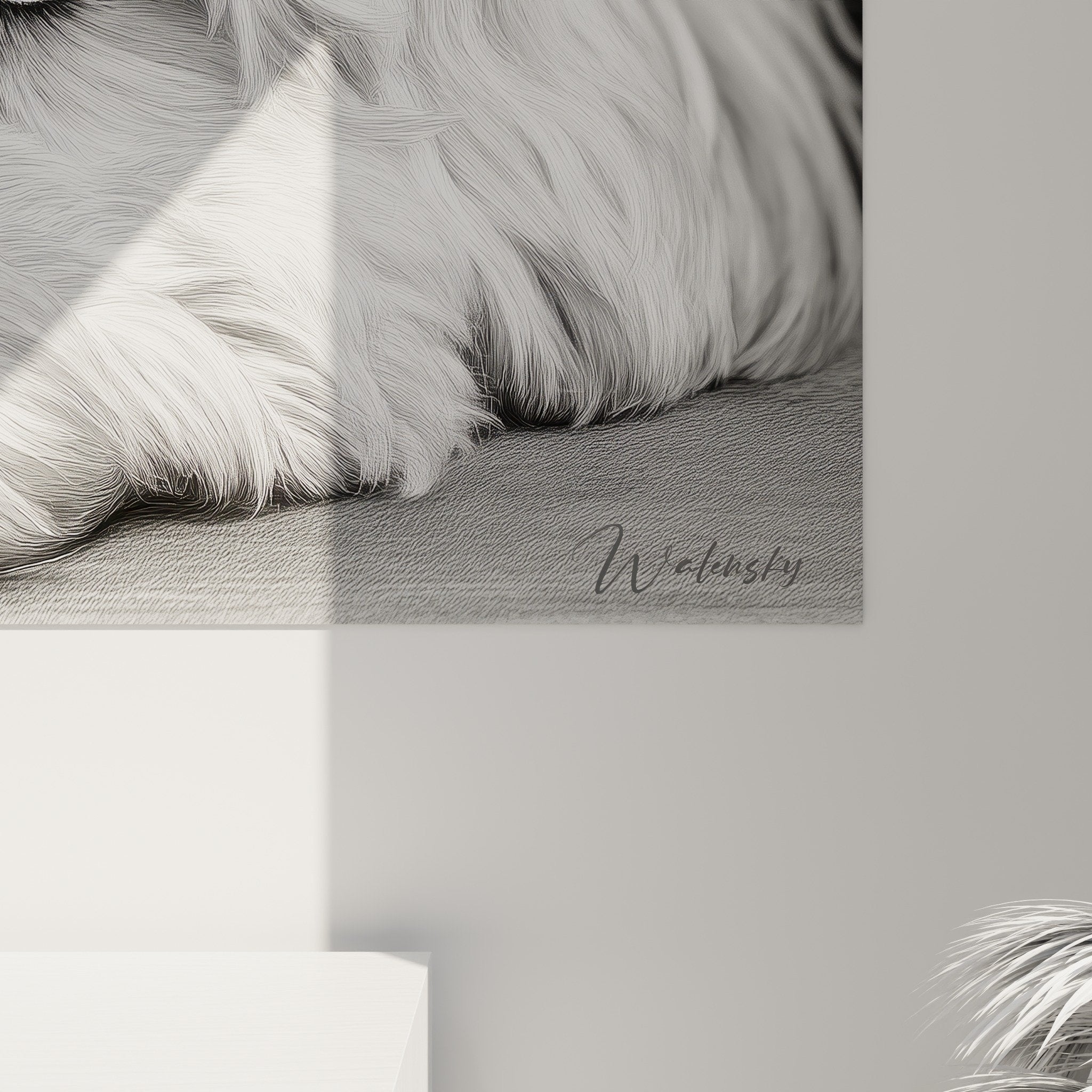 Vue ensemble tableau mural Bichon Havanais noir blanc intégration décoration intérieur moderne