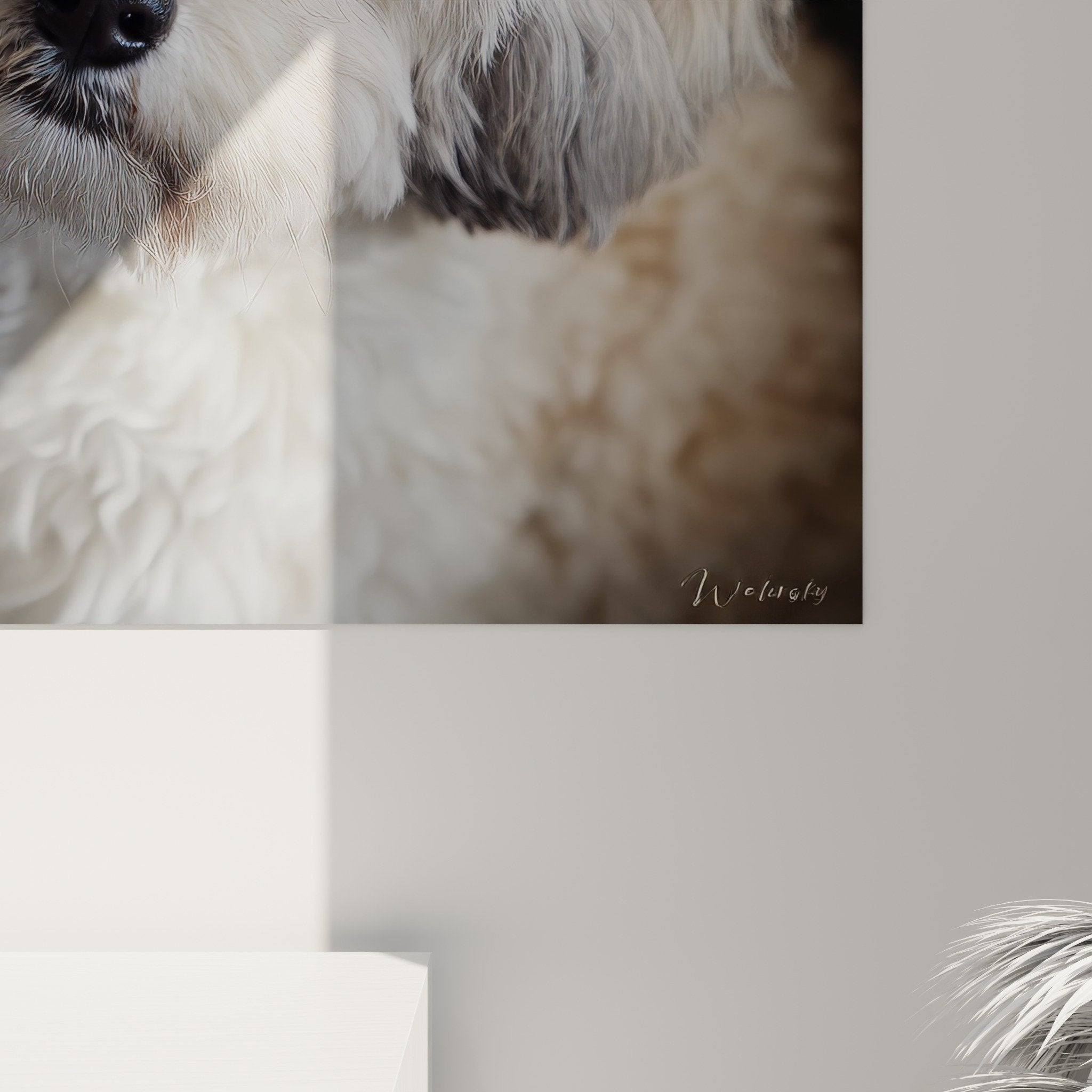Vue ensemble tableau mural Bichon Havanais portrait animal domestique decoration interieur tons neutres