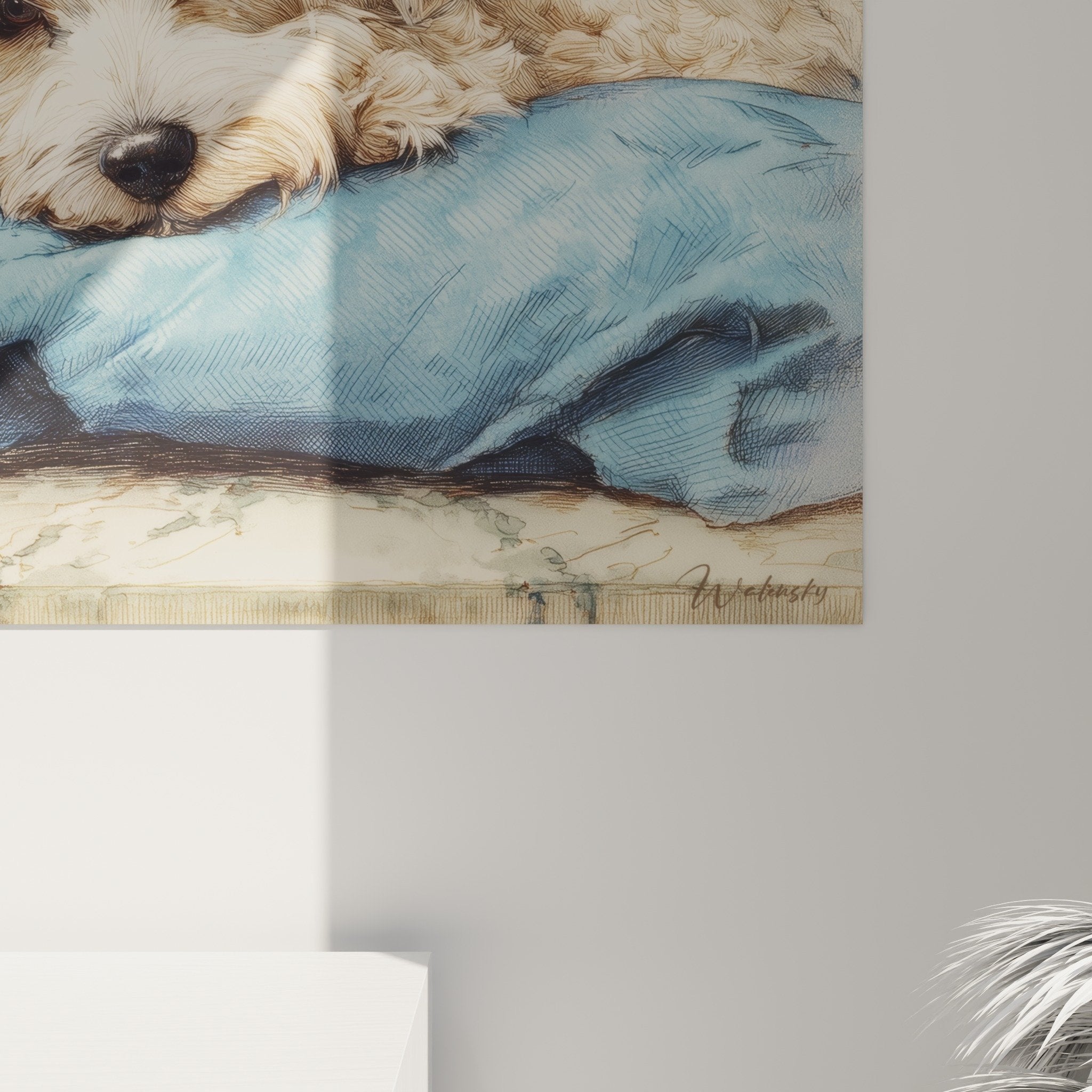 Vue ensemble tableau mural Bichon Havanais scène repos fleurs décoration intérieure
