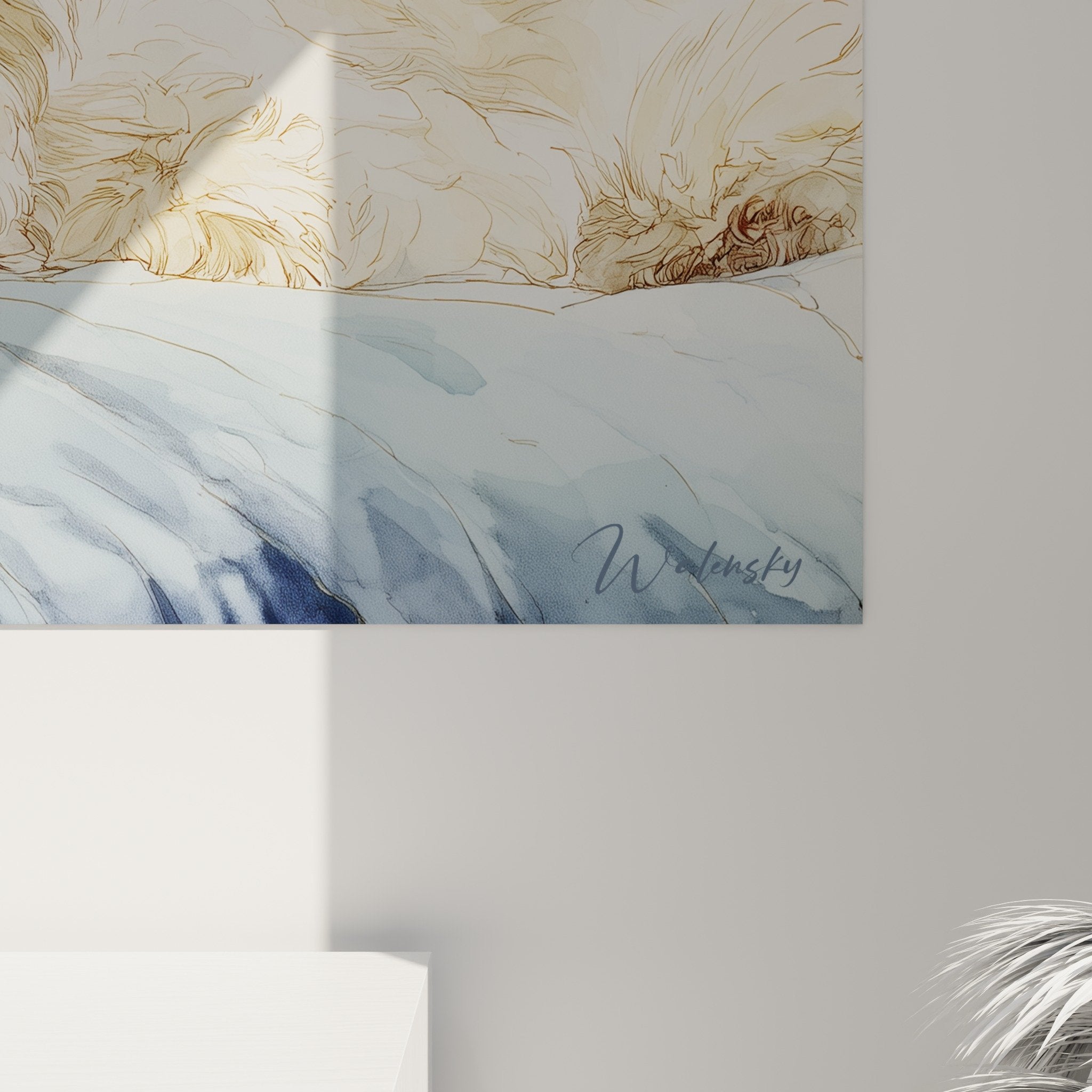 Vue ensemble tableau Bichon Havanais style aquarelle florale decoration interieur