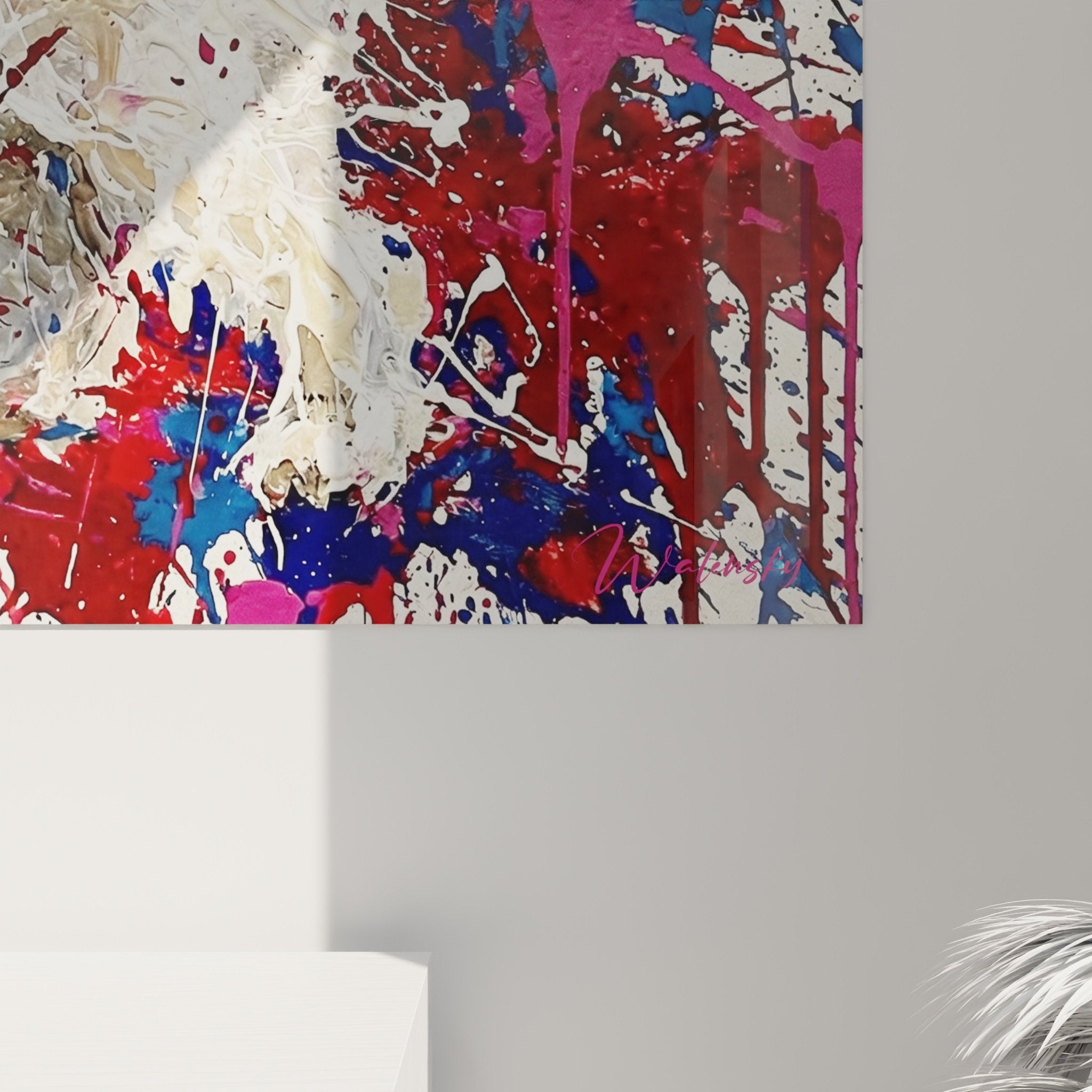 Vue ensemble tableau Bichon Maltais art contemporain éclaboussures colorées décoration murale moderne