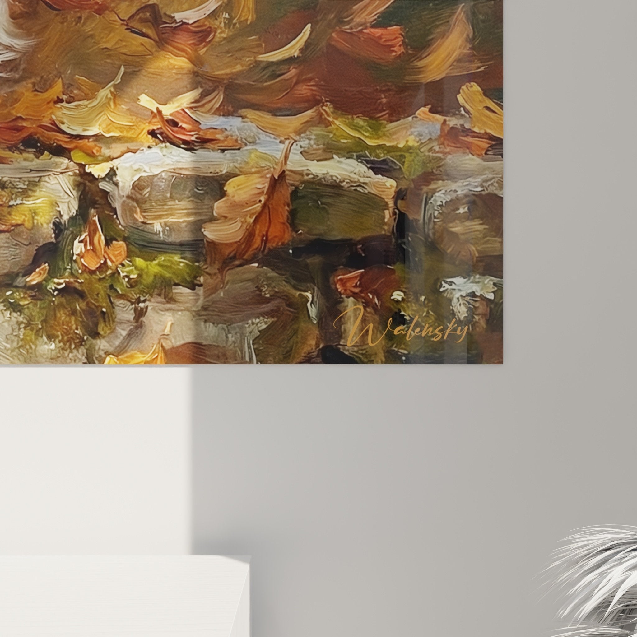 Vue ensemble tableau Bichon Maltais automne décoration murale art canin palette chaude tons ocre cuivre