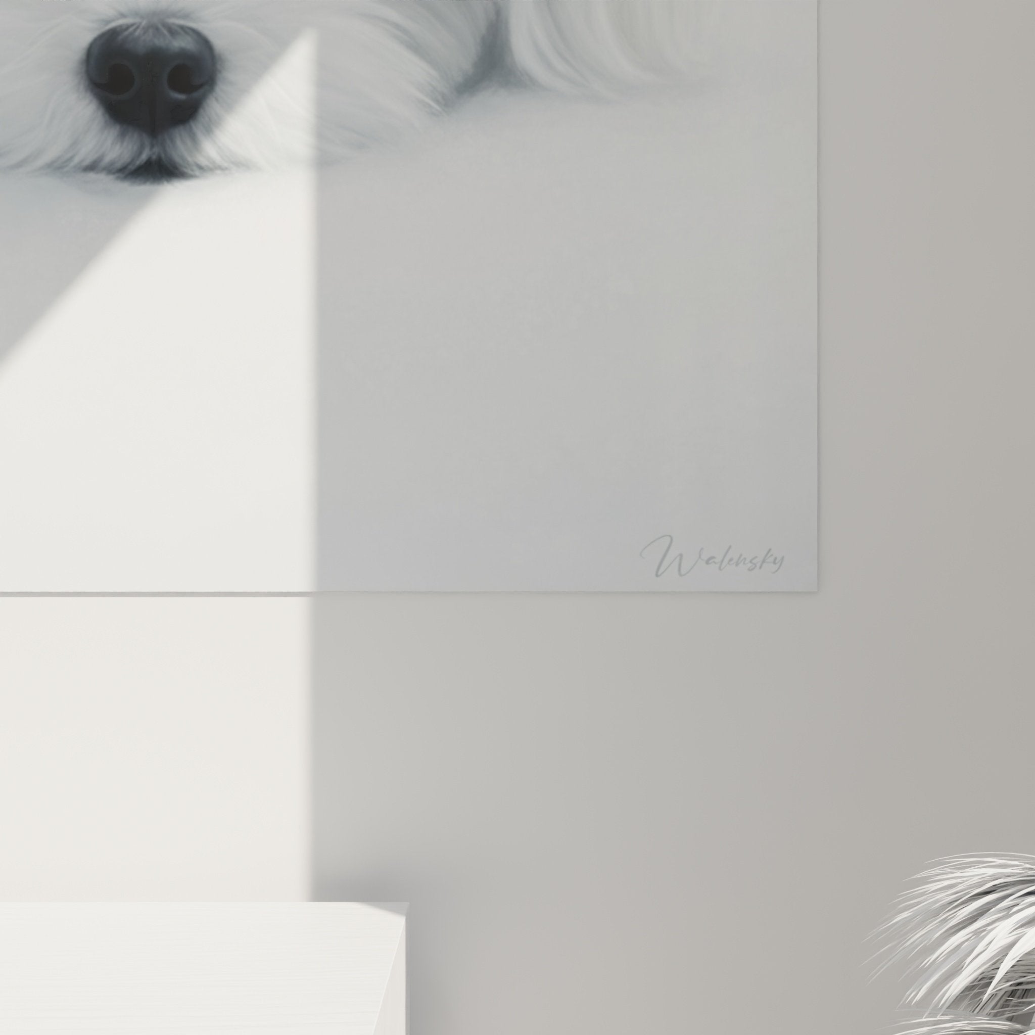 white maltese bichon dog painting with clouds living room wall art canine minimal minimalist style decor