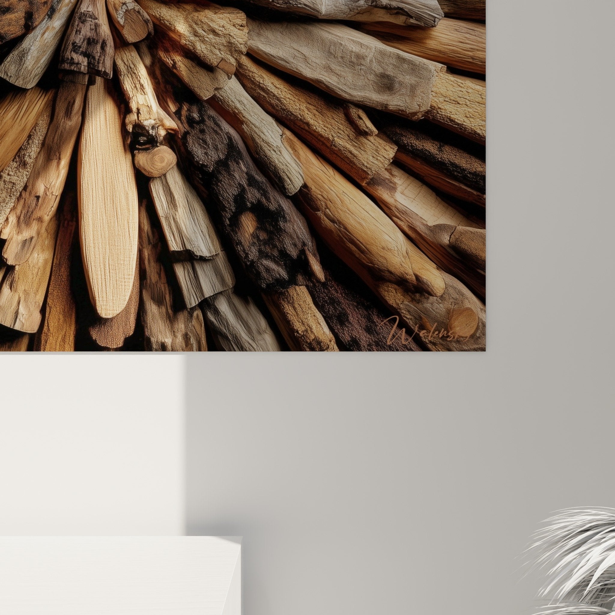 Overall view wooden log rosette painting modern living room wall decoration feng shui natural east