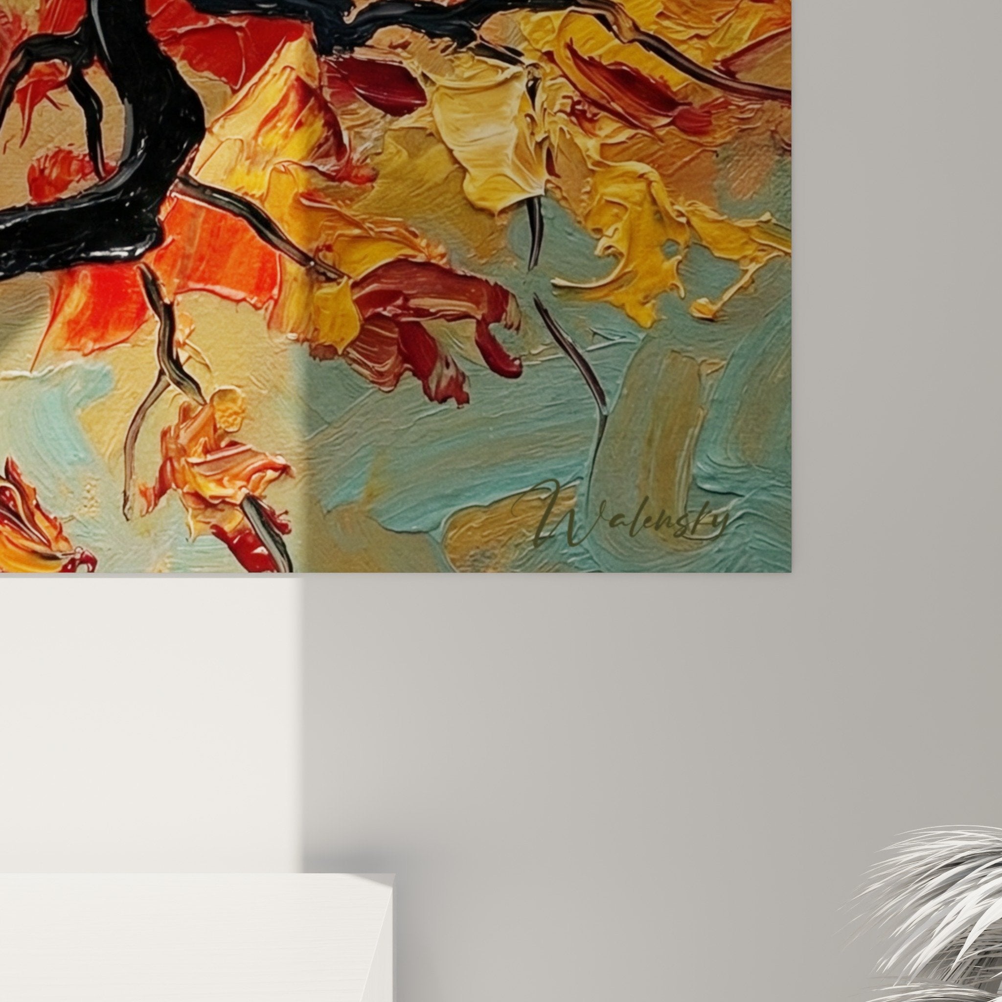 Full view autumn bonsai wall art interior decoration black branches vibrant red golden foliage