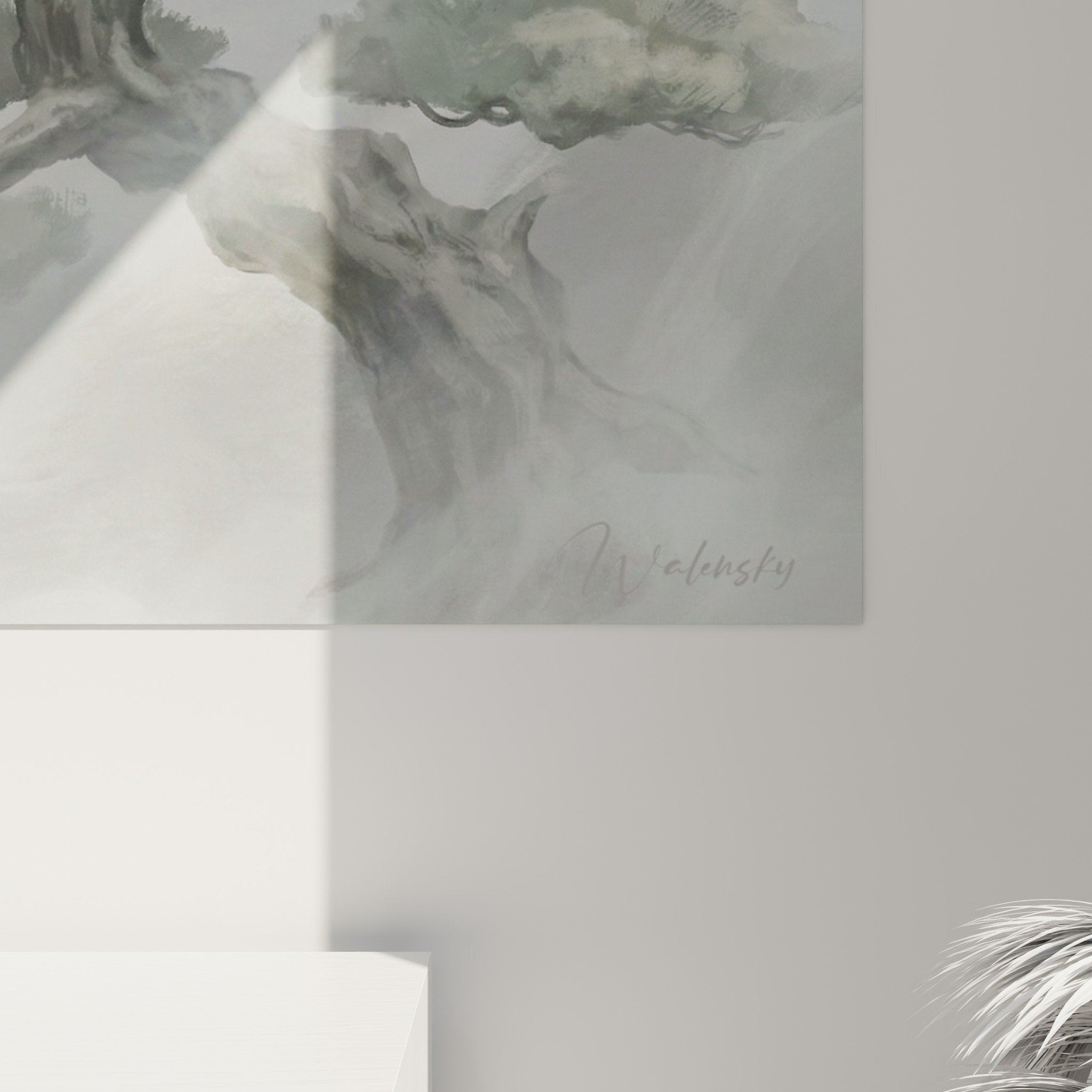 Vue ensemble tableau bonsaï aquarelle gris vert décoration murale style japonais contemporain