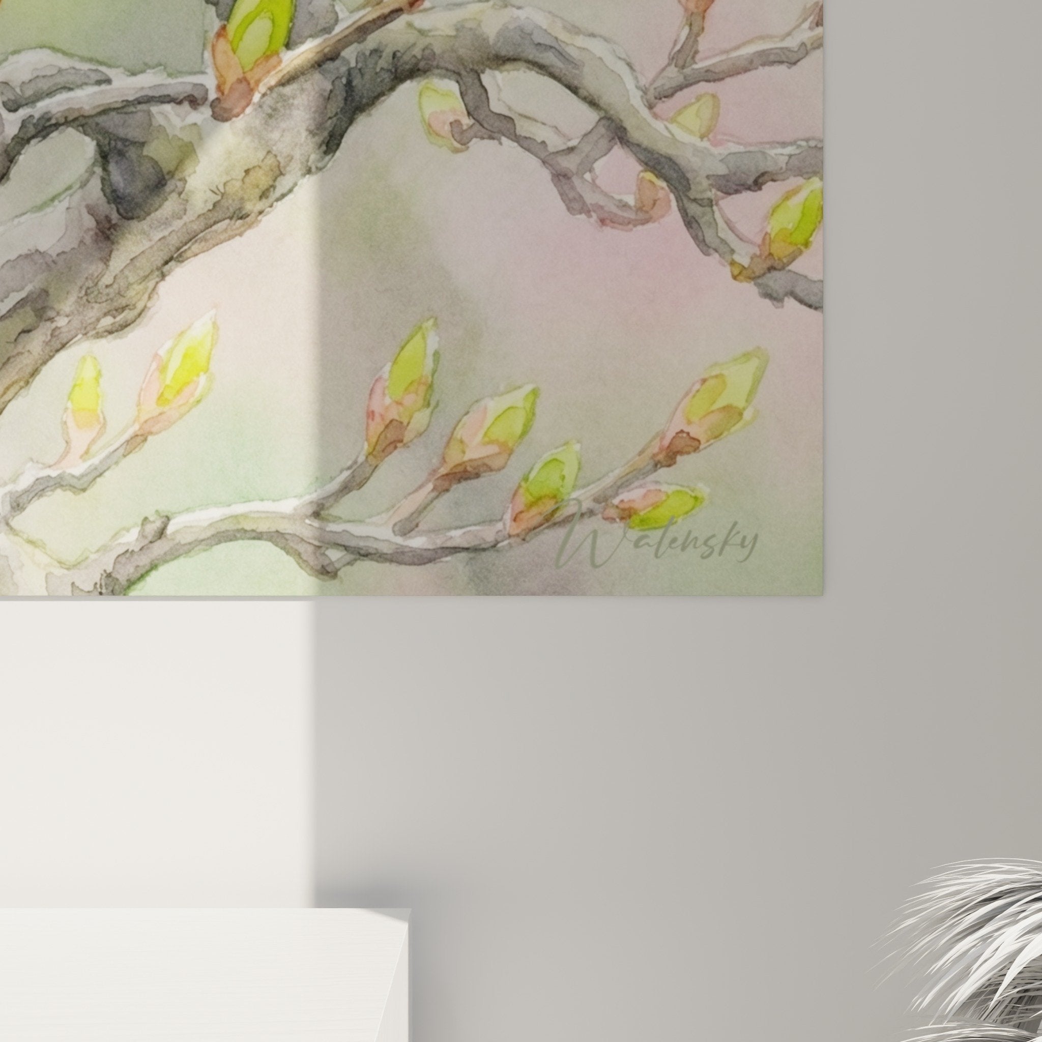 Complete view bonsai painting spring flowering branches pastel watercolor background zen decor