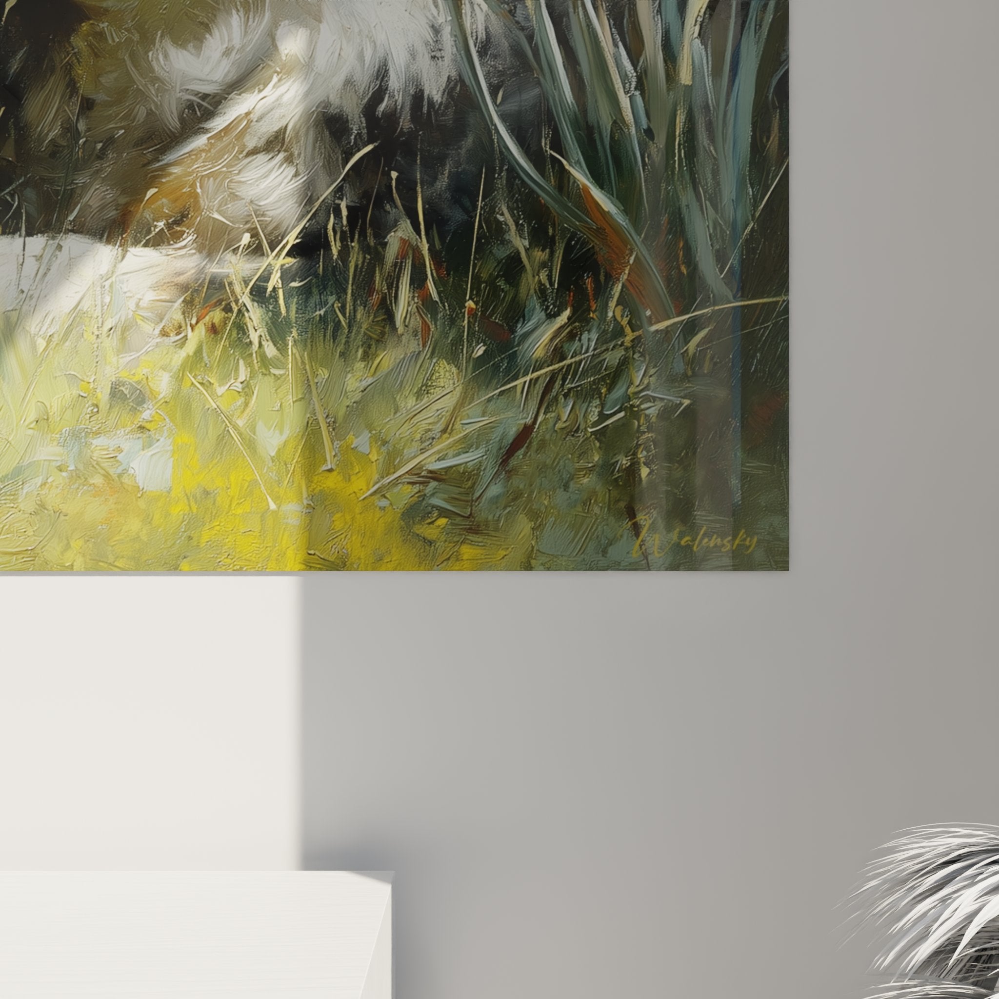 Gesamtansicht Gemälde Border Collie Narzissenblüten, impressionistisches Kunstwerk Hund Natur Wiese