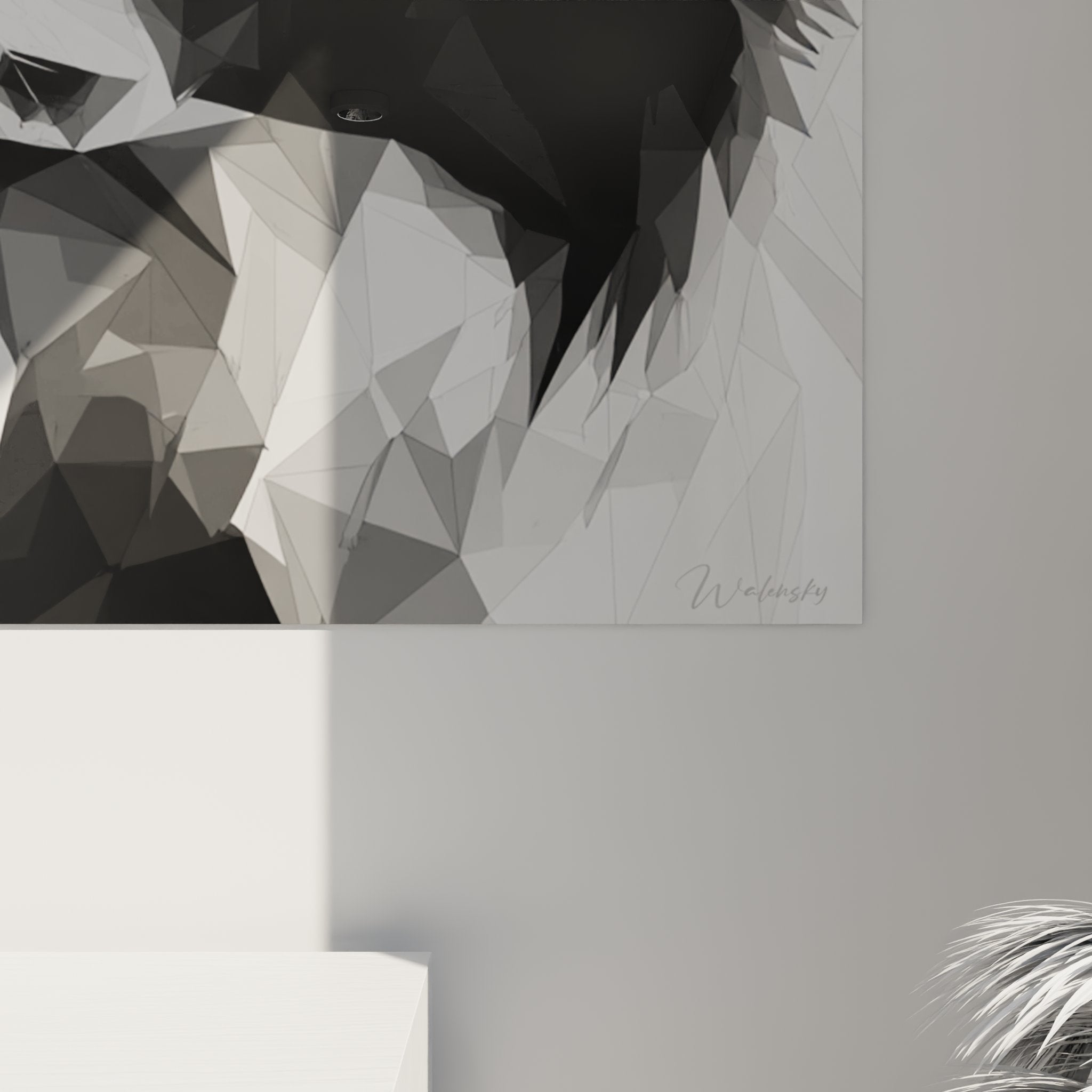 Vue ensemble tableau border collie geometrique noir blanc decoration murale moderne