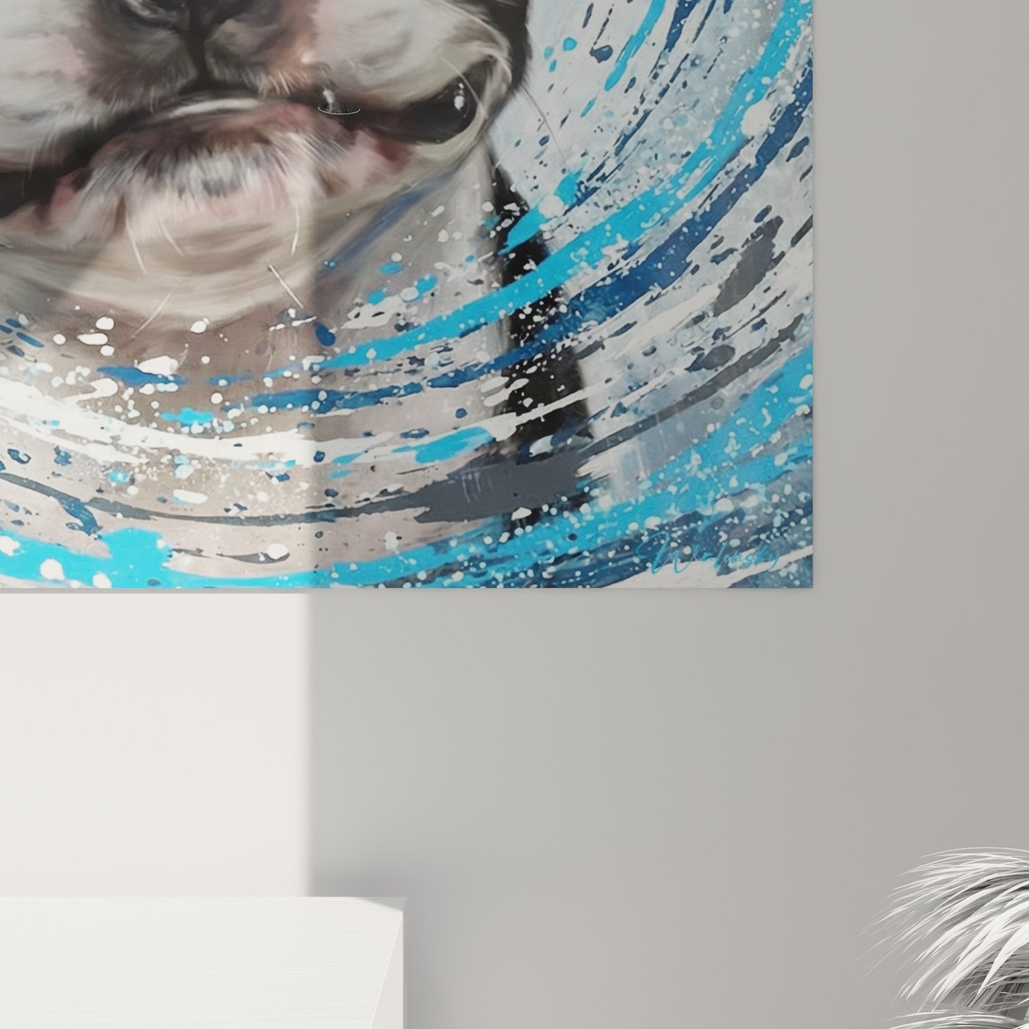 Vue ensemble tableau Boston Terrier art contemporain tourbillon couleurs bleu gris blanc decoration murale