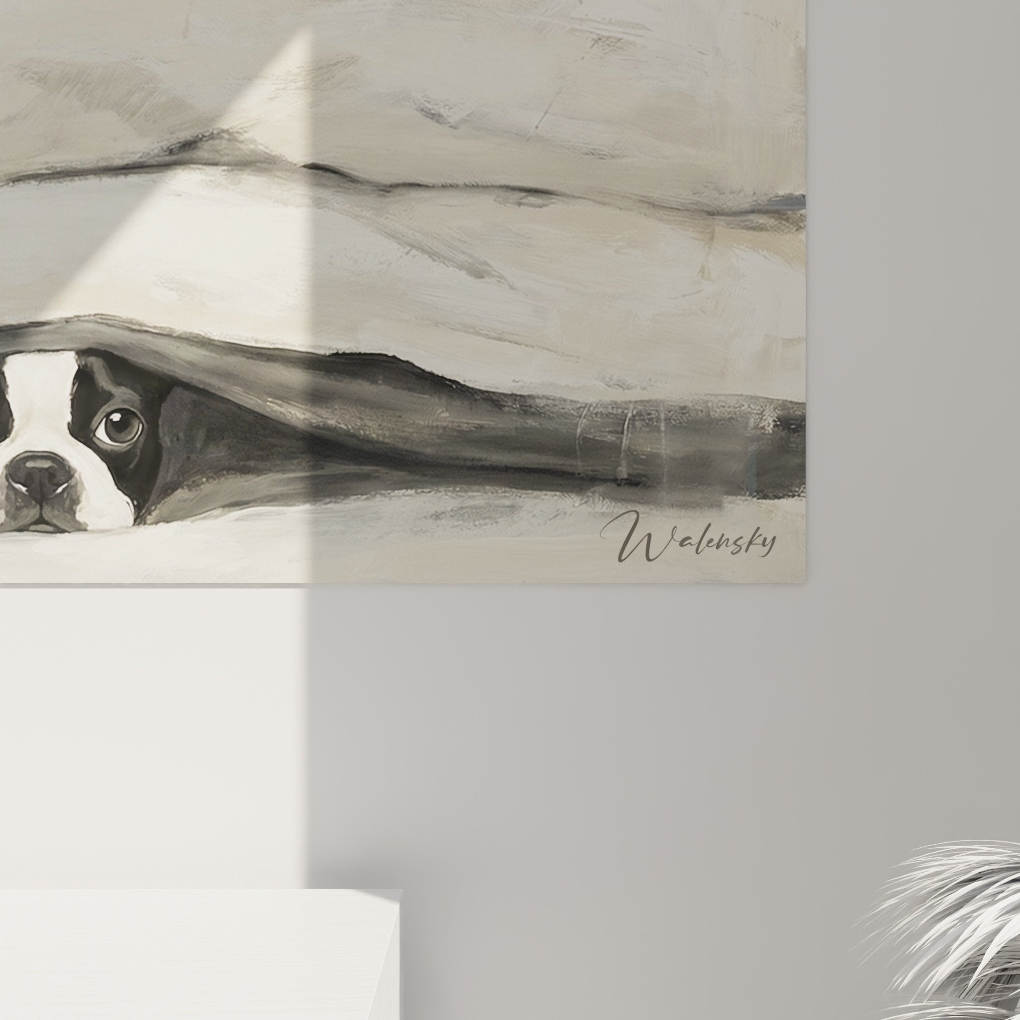 Vue ensemble tableau Boston Terrier couvertures decoration murale tons neutres beige crème