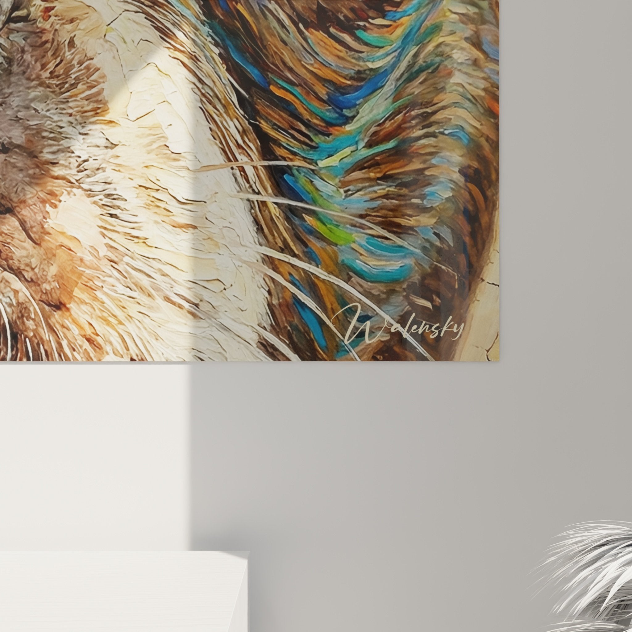 Vue ensemble tableau Boston Terrier portrait canin yeux expressifs decoration murale tons chauds ambiance cosy