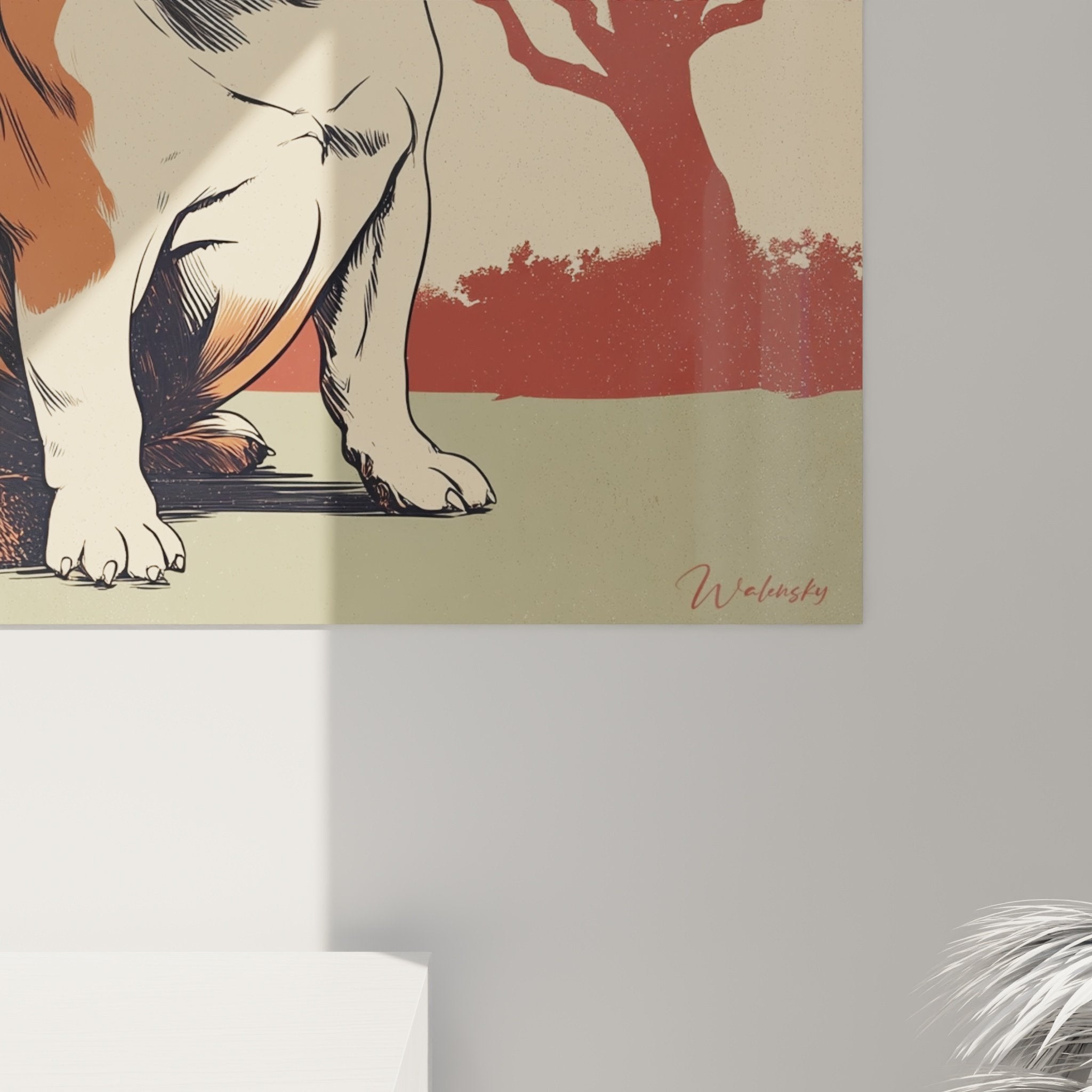 Vue ensemble tableau Bouledogue Anglais décoration murale rouge beige