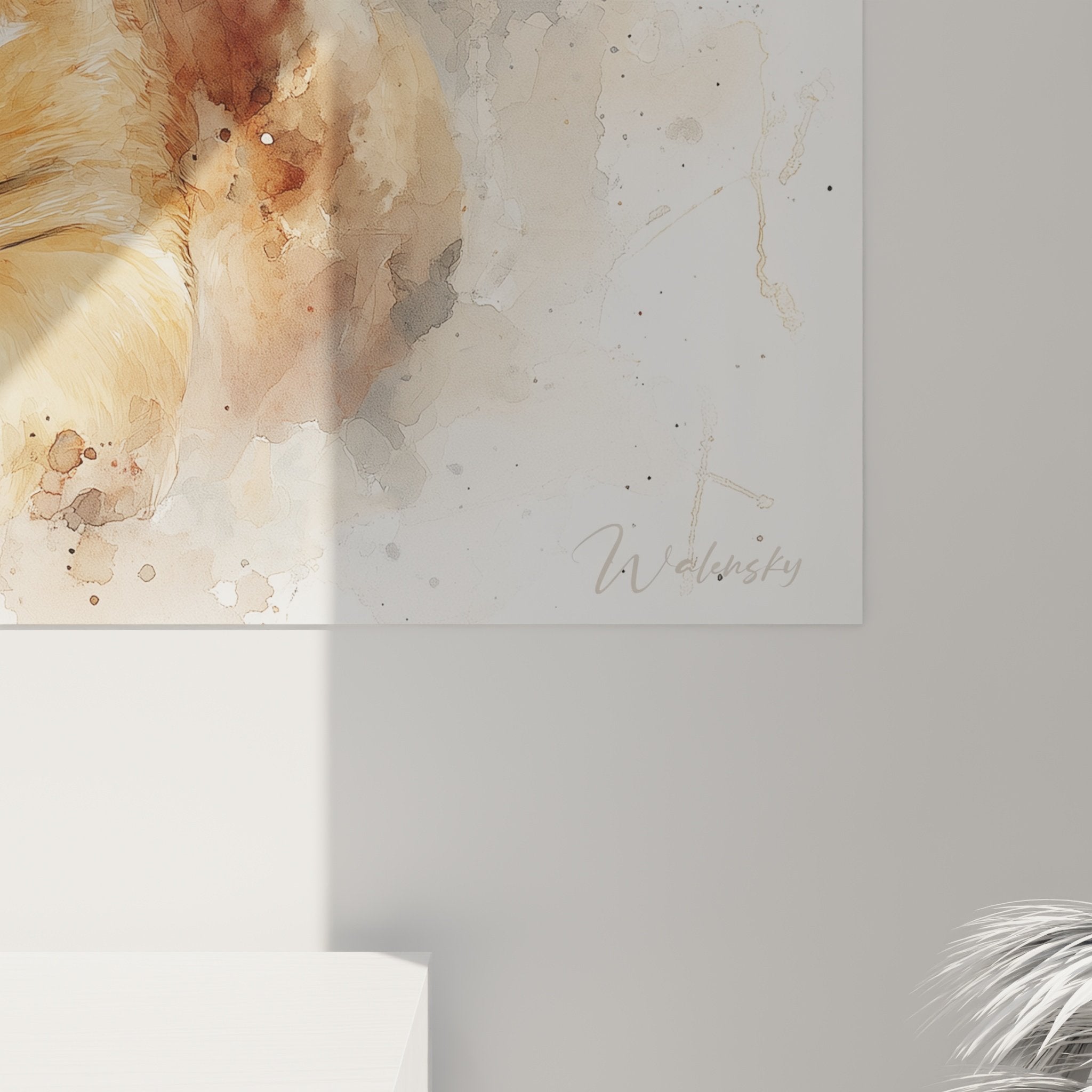 Vue ensemble tableau portrait bouledogue anglais aquarelle eclaboussures tons chauds decoration interieur moderne